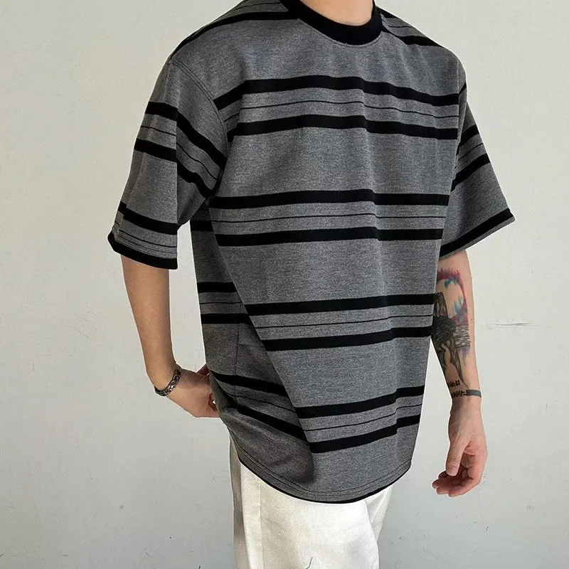 -  Retro Striped Tee Small Neckline Short Sleeved T-shirt Boys New Summer Loose Preppy Vintage Top Unisex Gray T Shirt