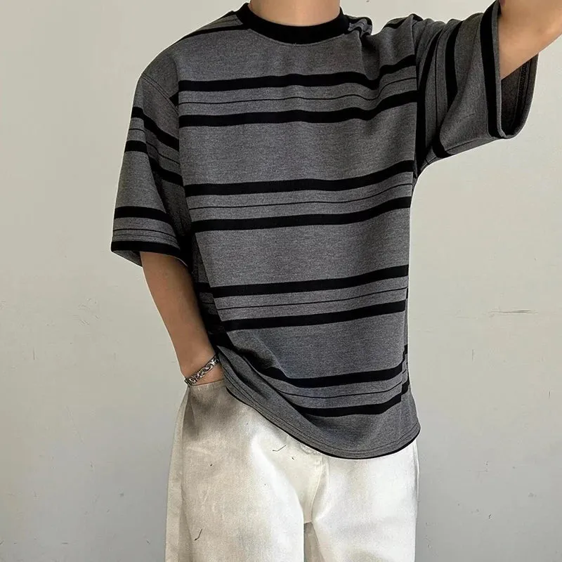 -  Retro Striped Tee Small Neckline Short Sleeved T-shirt Boys New Summer Loose Preppy Vintage Top Unisex Gray T Shirt