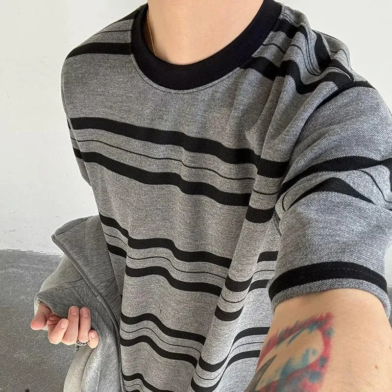 -  Retro Striped Tee Small Neckline Short Sleeved T-shirt Boys New Summer Loose Preppy Vintage Top Unisex Gray T Shirt