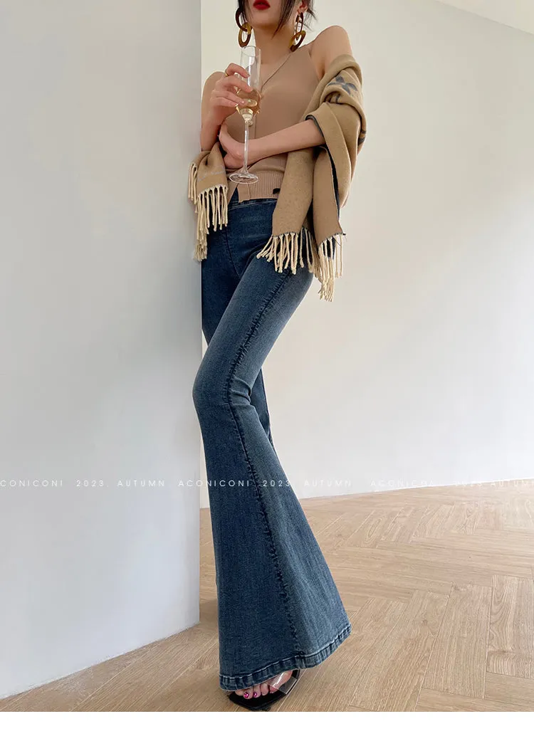 Aconiconi Elegant Jean Retro High Waist Elastic Slim Fit Mermaid Flared Pants- Land Mermaid