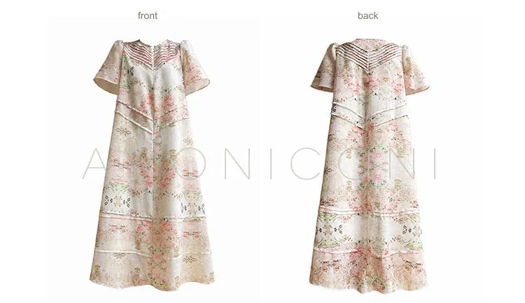 AconiconI Elegant Retro Flower Print Short Sleeve Loose Long Dress- Sweet Early Summer