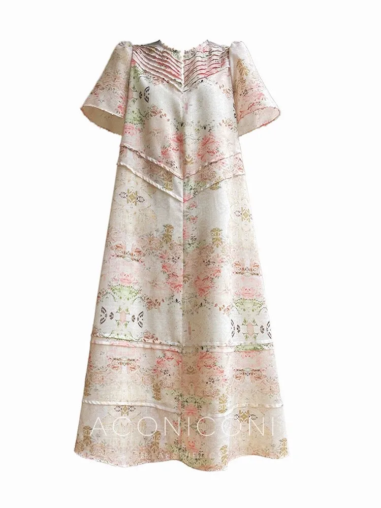 AconiconI Elegant Retro Flower Print Short Sleeve Loose Long Dress- Sweet Early Summer