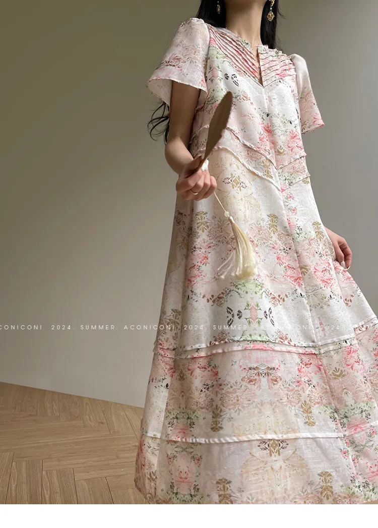 AconiconI Elegant Retro Flower Print Short Sleeve Loose Long Dress- Sweet Early Summer