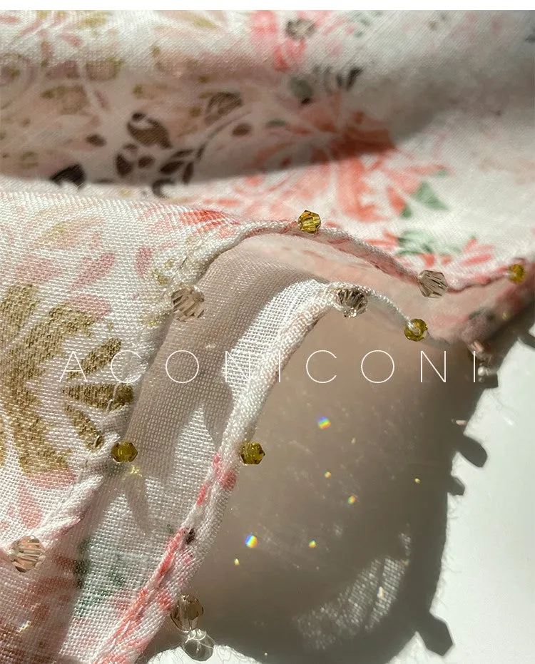 AconiconI Elegant Retro Flower Print Short Sleeve Loose Long Dress- Sweet Early Summer