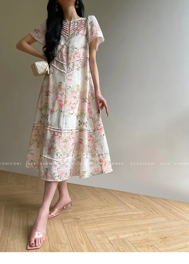 AconiconI Elegant Retro Flower Print Short Sleeve Loose Long Dress- Sweet Early Summer