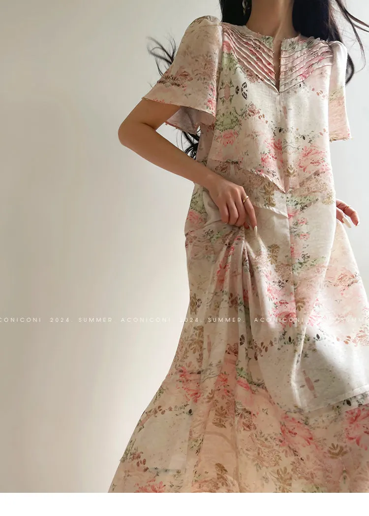 AconiconI Elegant Retro Flower Print Short Sleeve Loose Long Dress- Sweet Early Summer