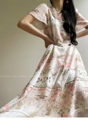 AconiconI Elegant Retro Flower Print Short Sleeve Loose Long Dress- Sweet Early Summer