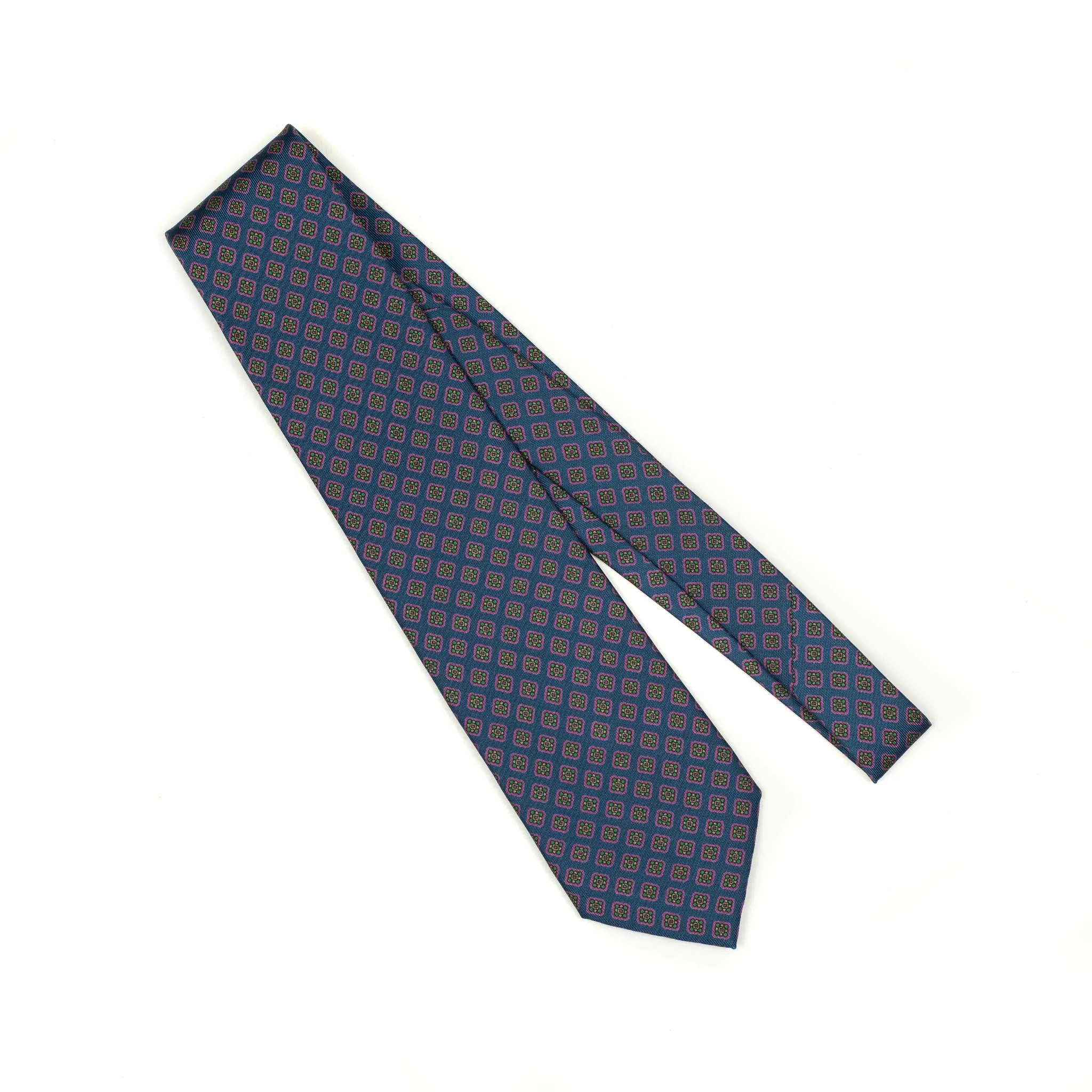 Blue silk tie, pink and green neat print