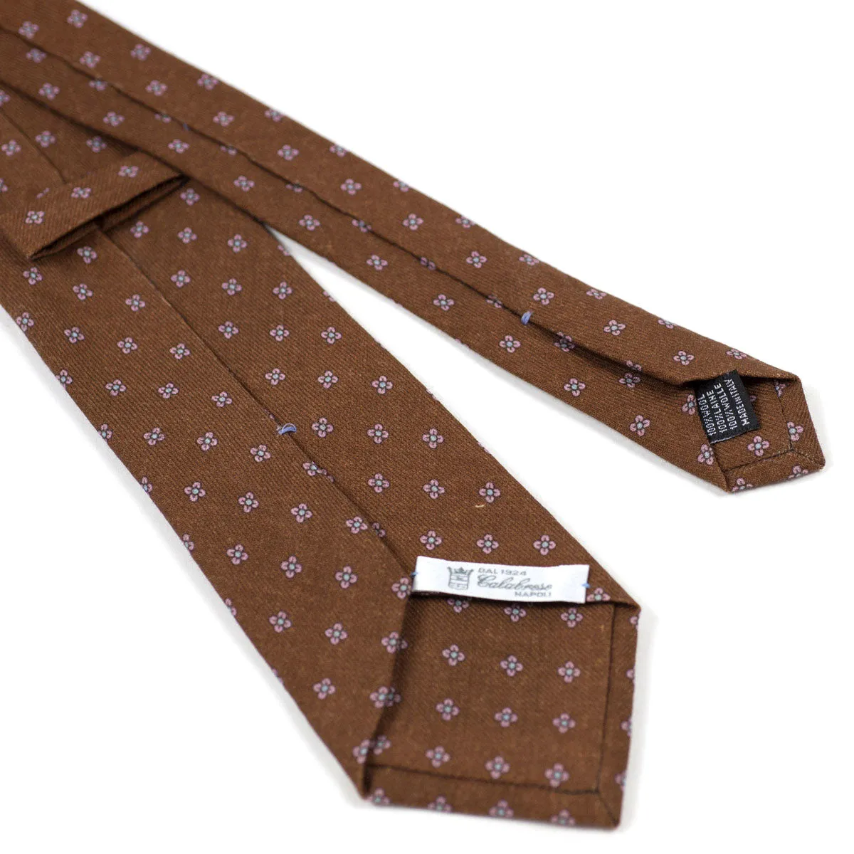 Brown self-tipped wool tie, pink neat print