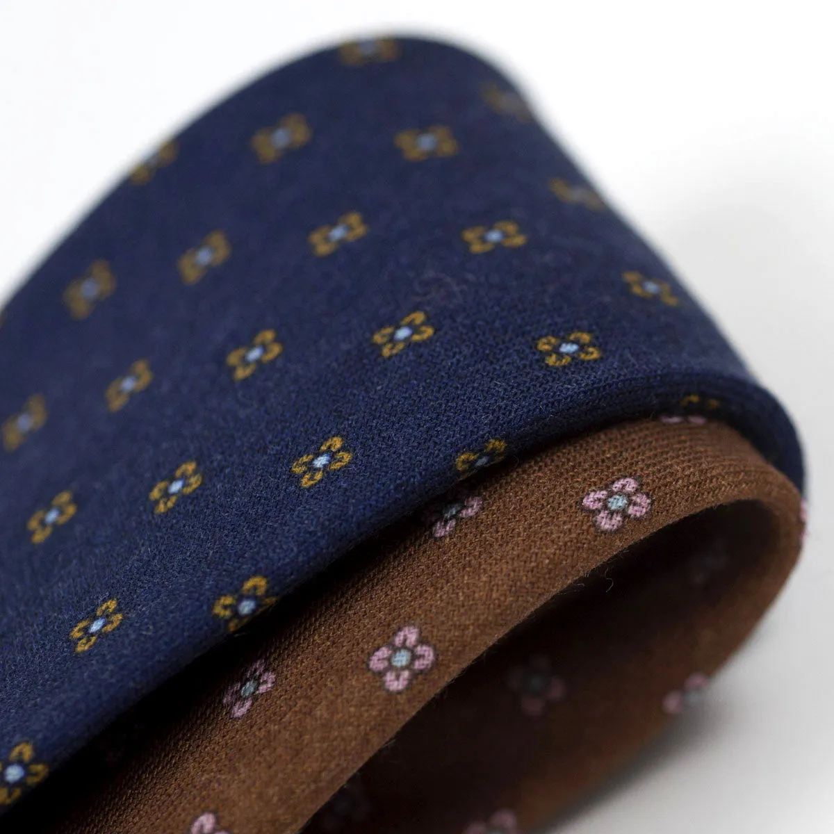 Brown self-tipped wool tie, pink neat print