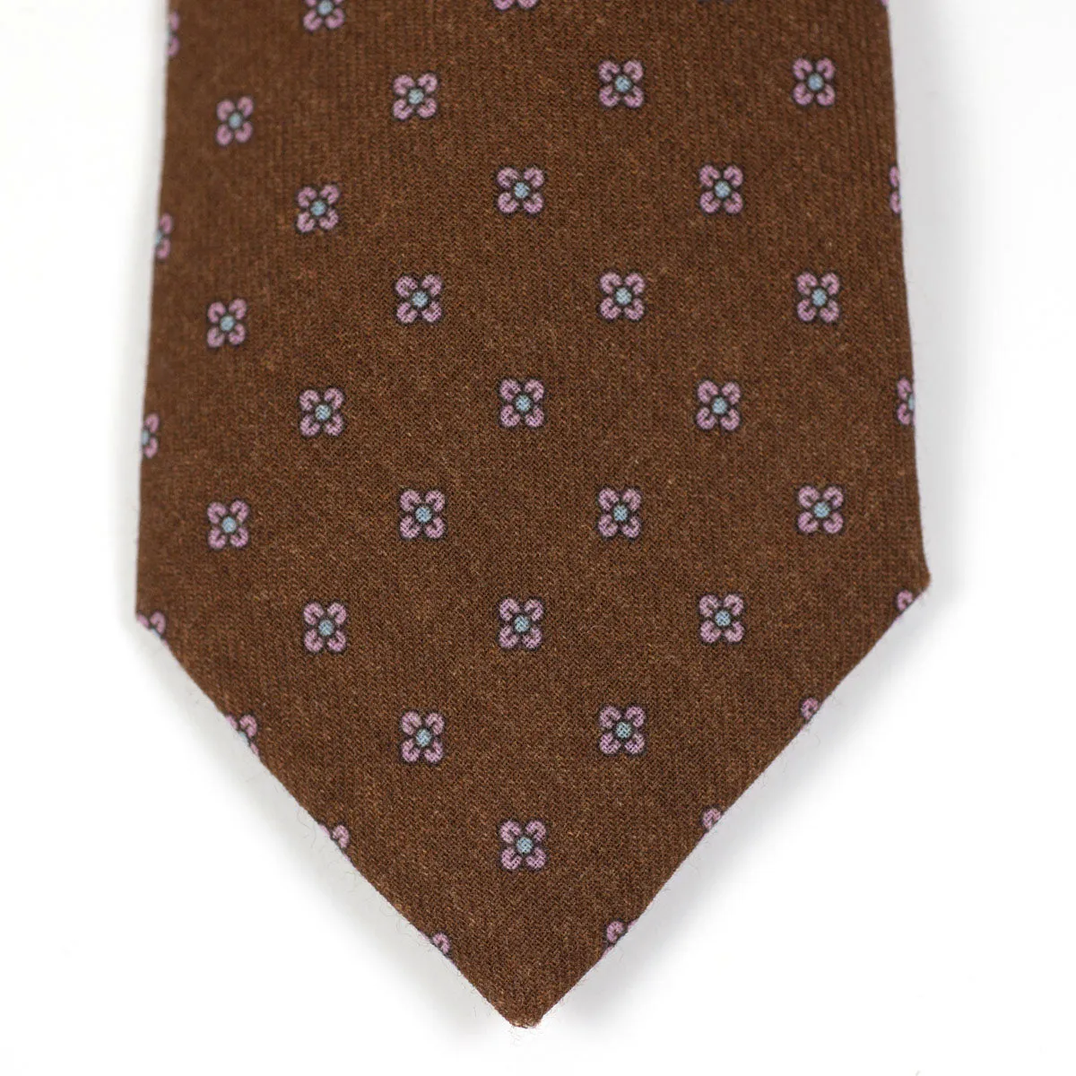 Brown self-tipped wool tie, pink neat print