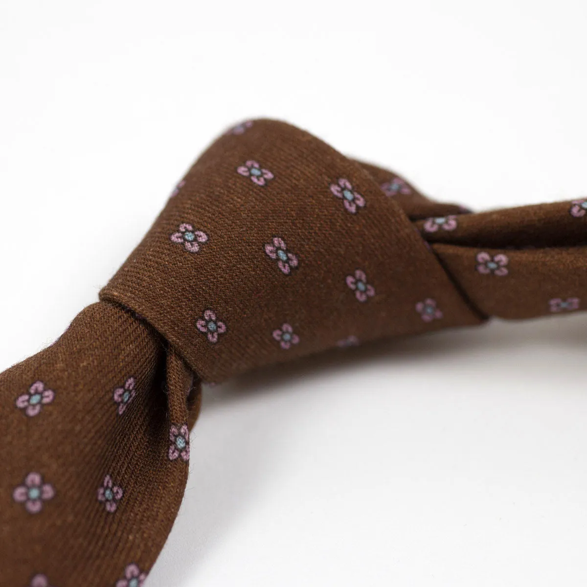 Brown self-tipped wool tie, pink neat print