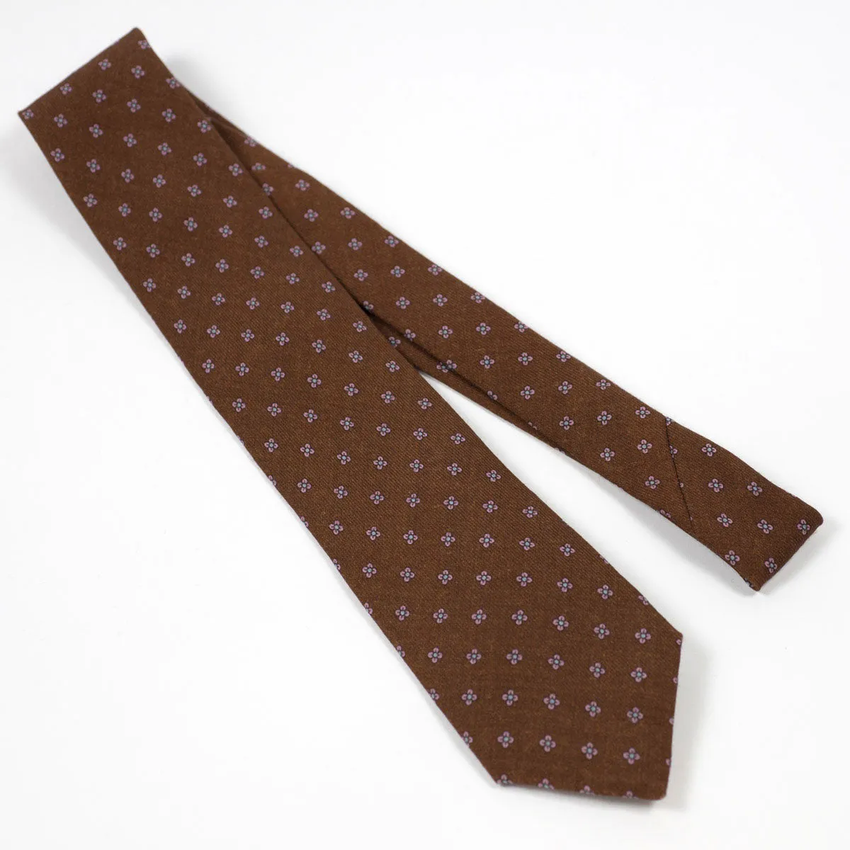 Brown self-tipped wool tie, pink neat print