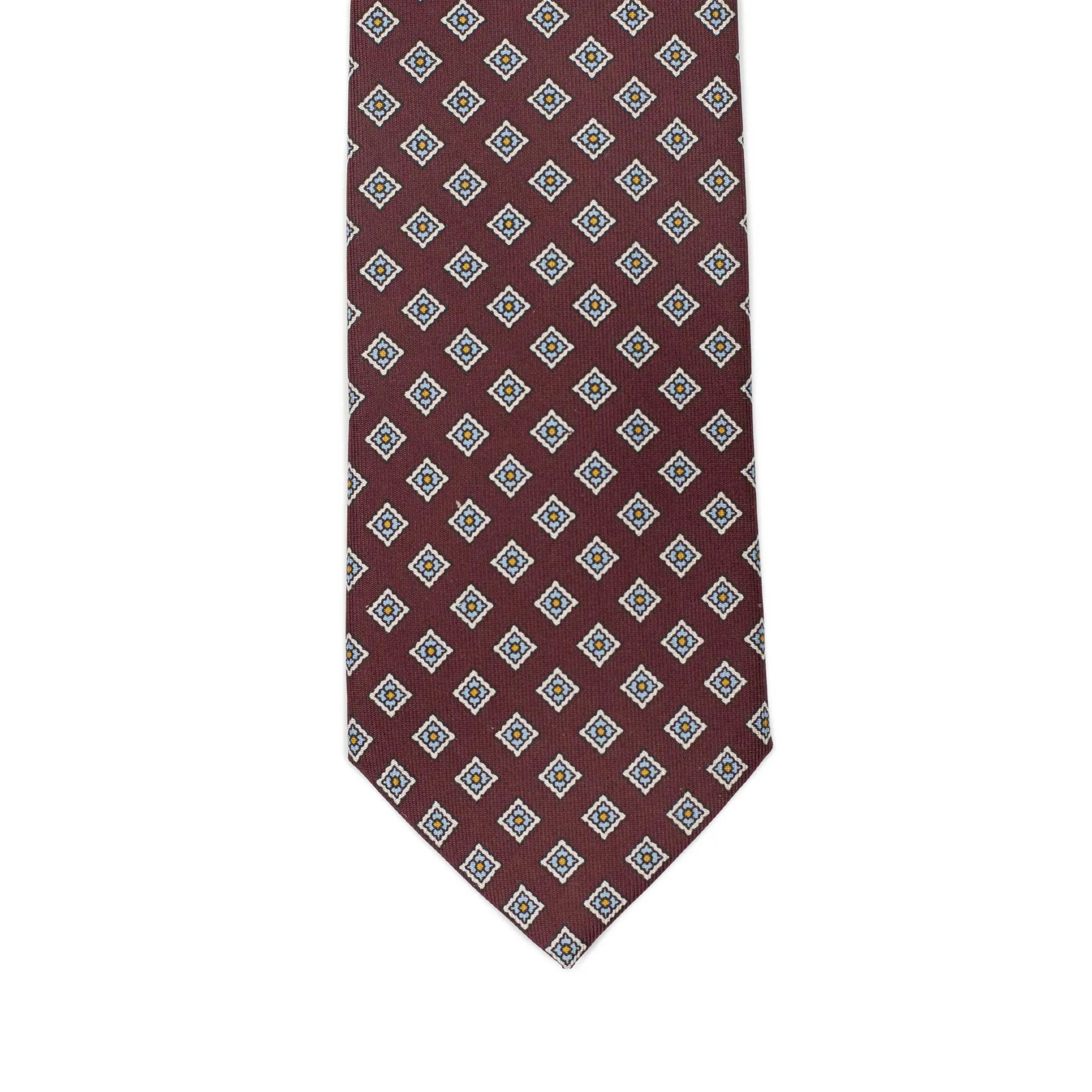 Burgundy silk tie, blue and white neat print