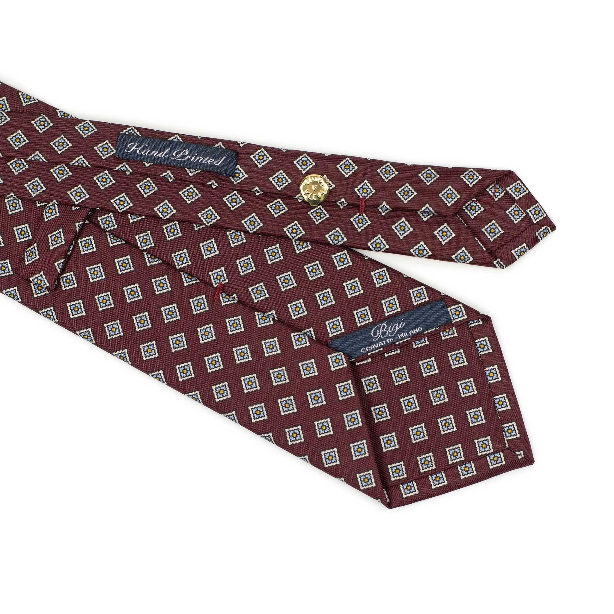 Burgundy silk tie, blue and white neat print