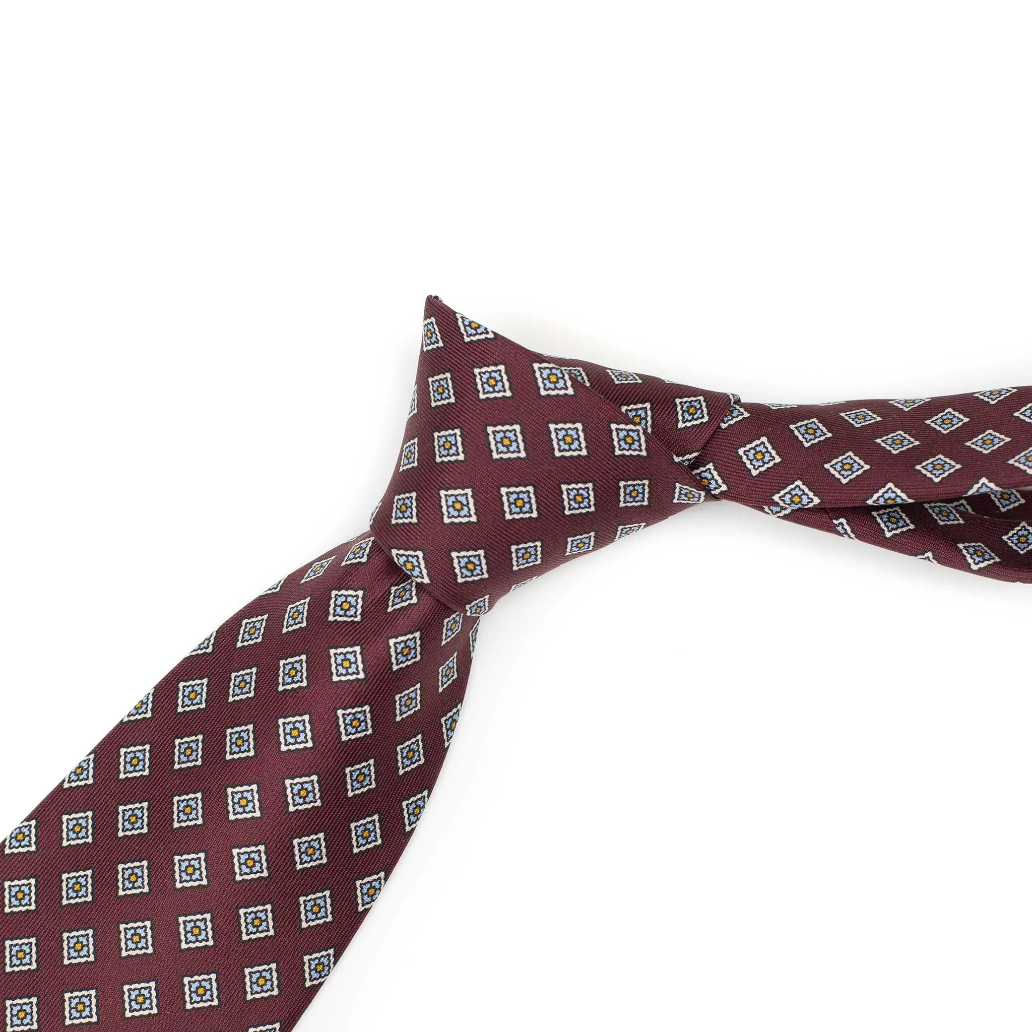 Burgundy silk tie, blue and white neat print