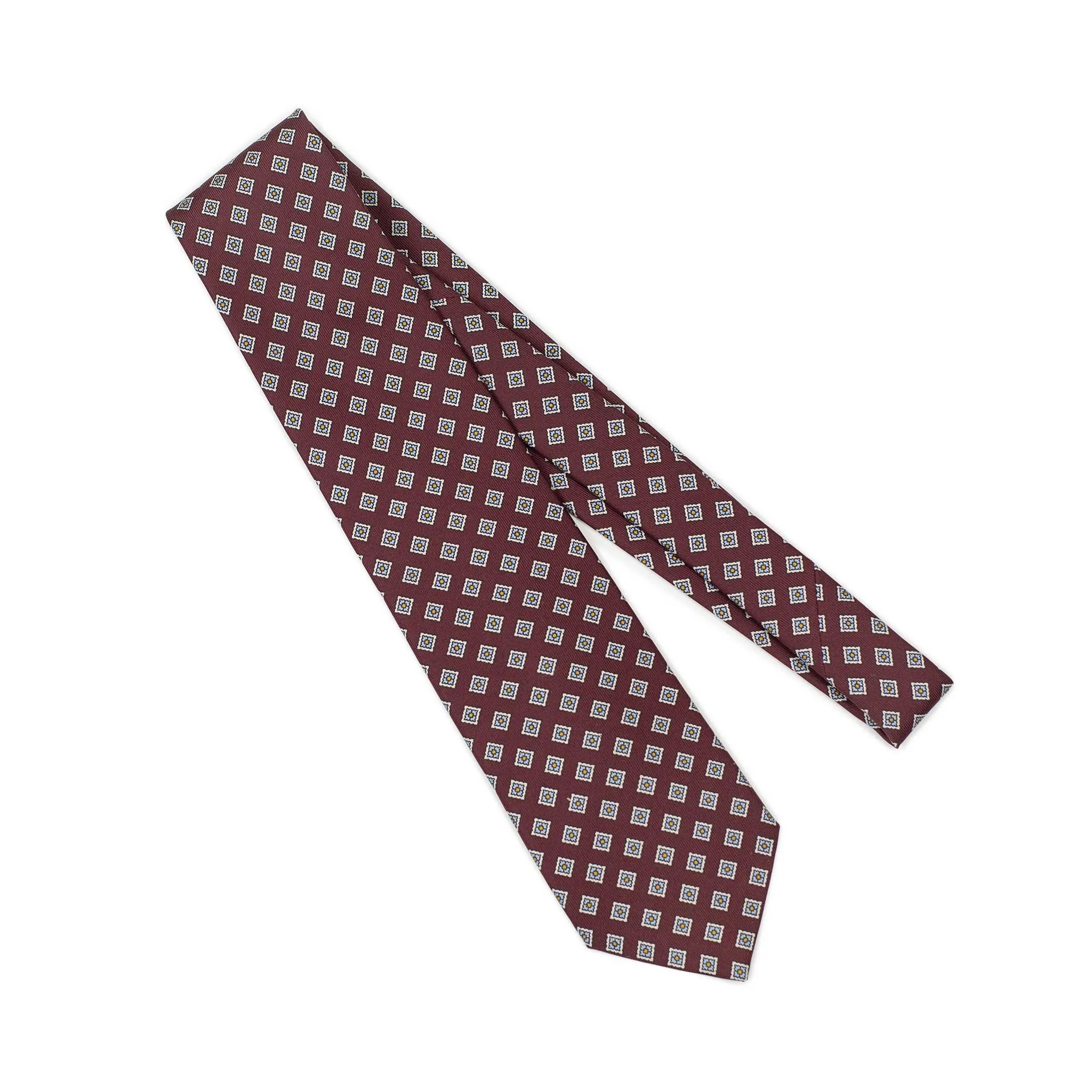 Burgundy silk tie, blue and white neat print