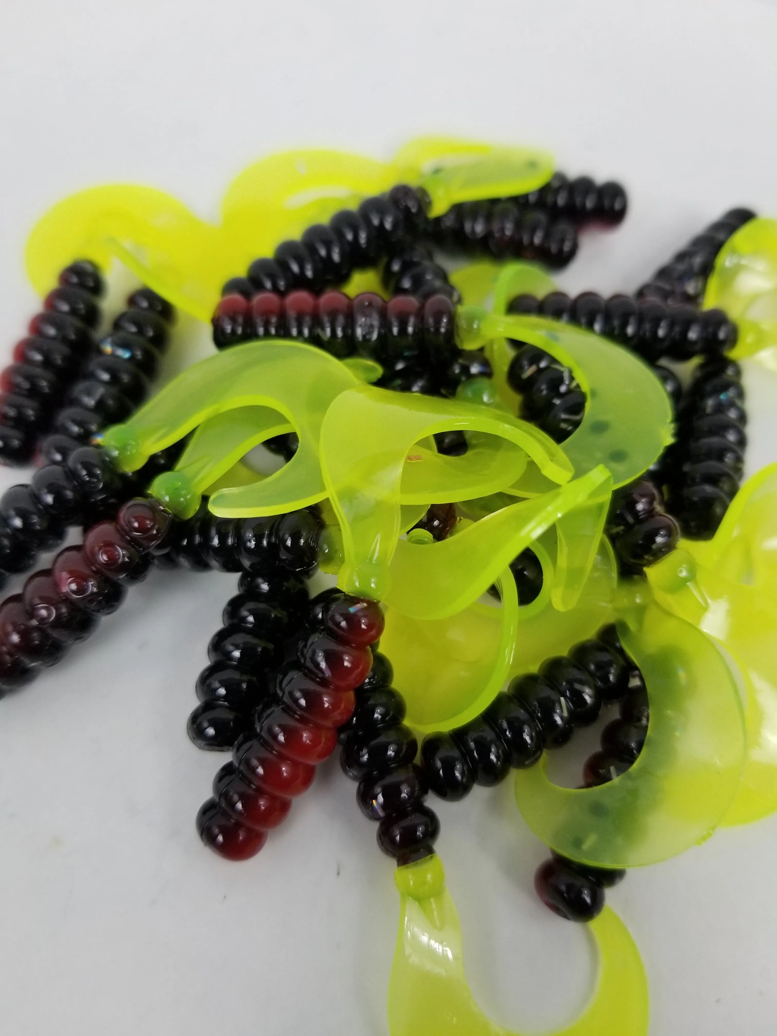 Cam's 2"(HOLOGRAM FLAKE)  Curly Tail Grub 35pc Red Black & Chartreuse Curly Tail Crappie Soft Jigs  [A Cam's Exclusive]