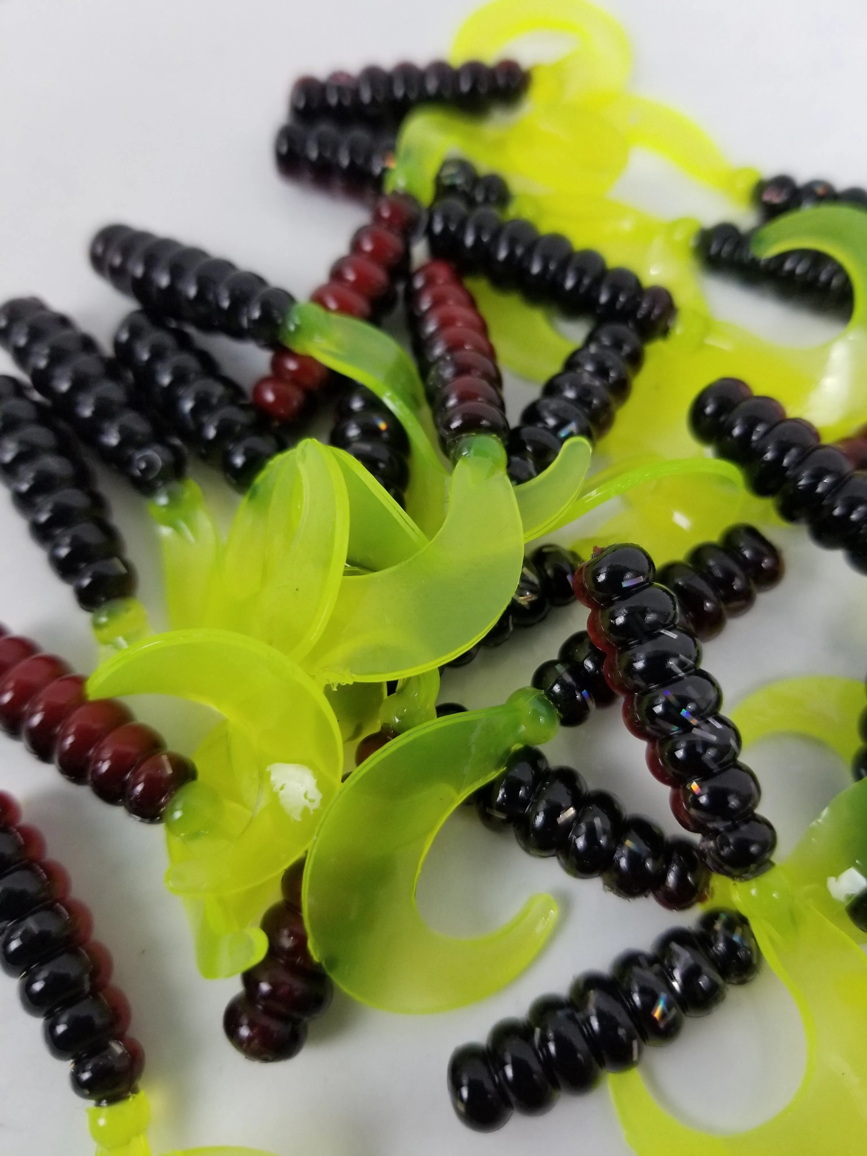 Cam's 2"(HOLOGRAM FLAKE)  Curly Tail Grub 35pc Red Black & Chartreuse Curly Tail Crappie Soft Jigs  [A Cam's Exclusive]