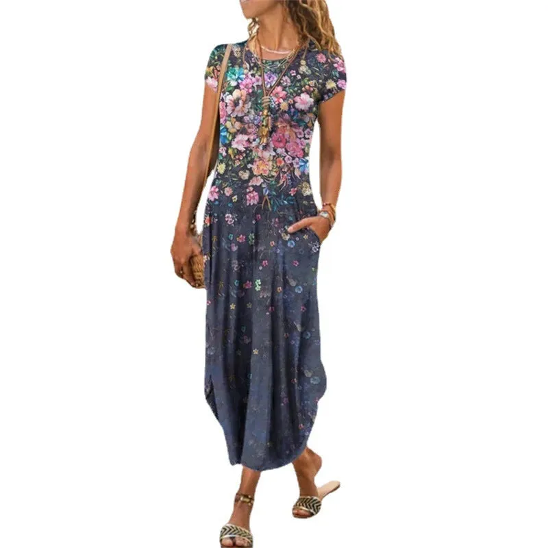 DEANWAQNGKT  New European and American  Independent Station Cross-Border Short Sleeve Printing Patchwork Long Dress Dress Elegance Retro round Neck