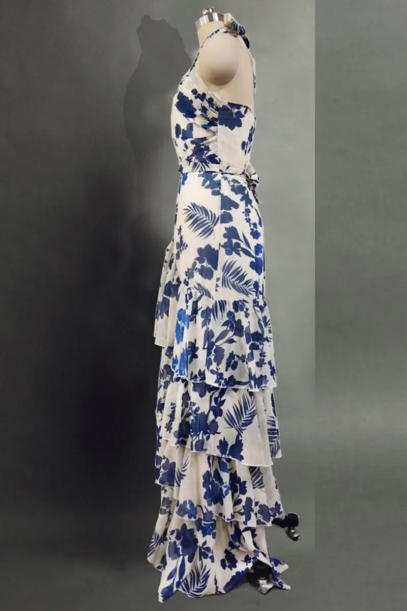 Elegant Floral Flounce Asymmetrical Halter Irregular Dresses