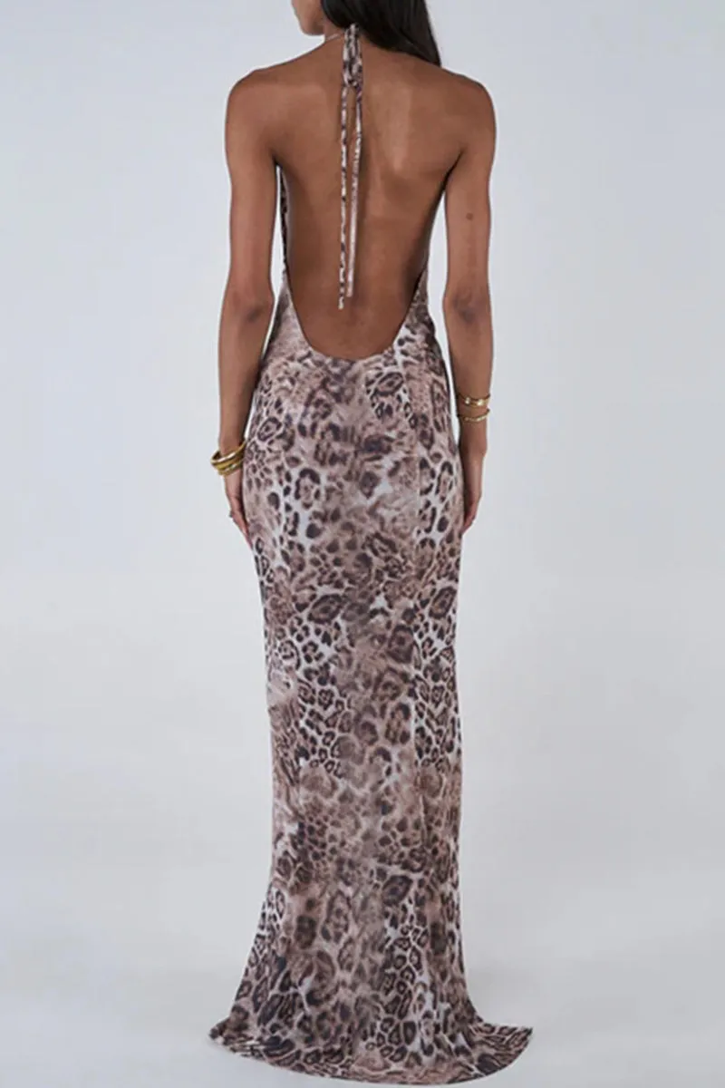 Elegant Leopard Print Patchwork Backless Strap Design Halter Long Dresses