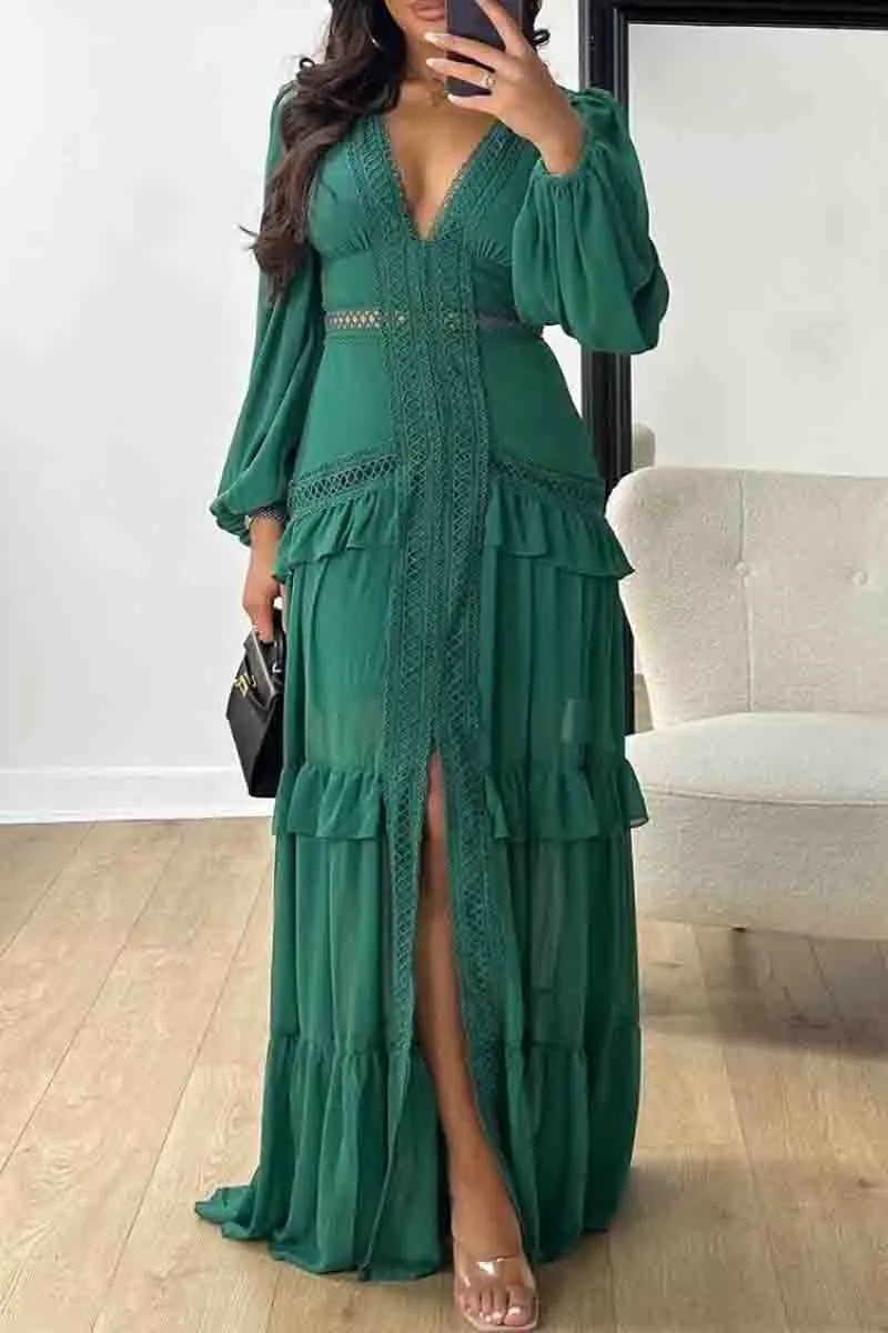 Elegant Patchwork Slit Deep V Neck Long Dresses(6 Colors)