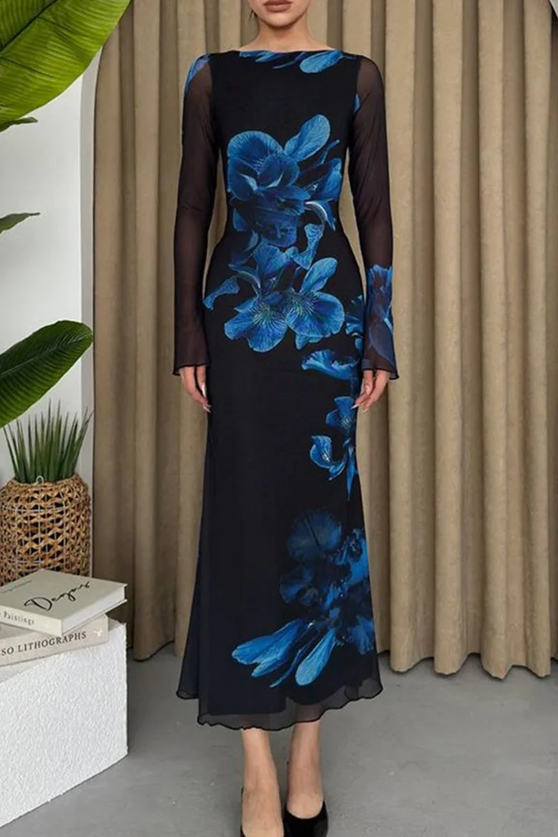 Elegant Print Patchwork O Neck Long Dresses