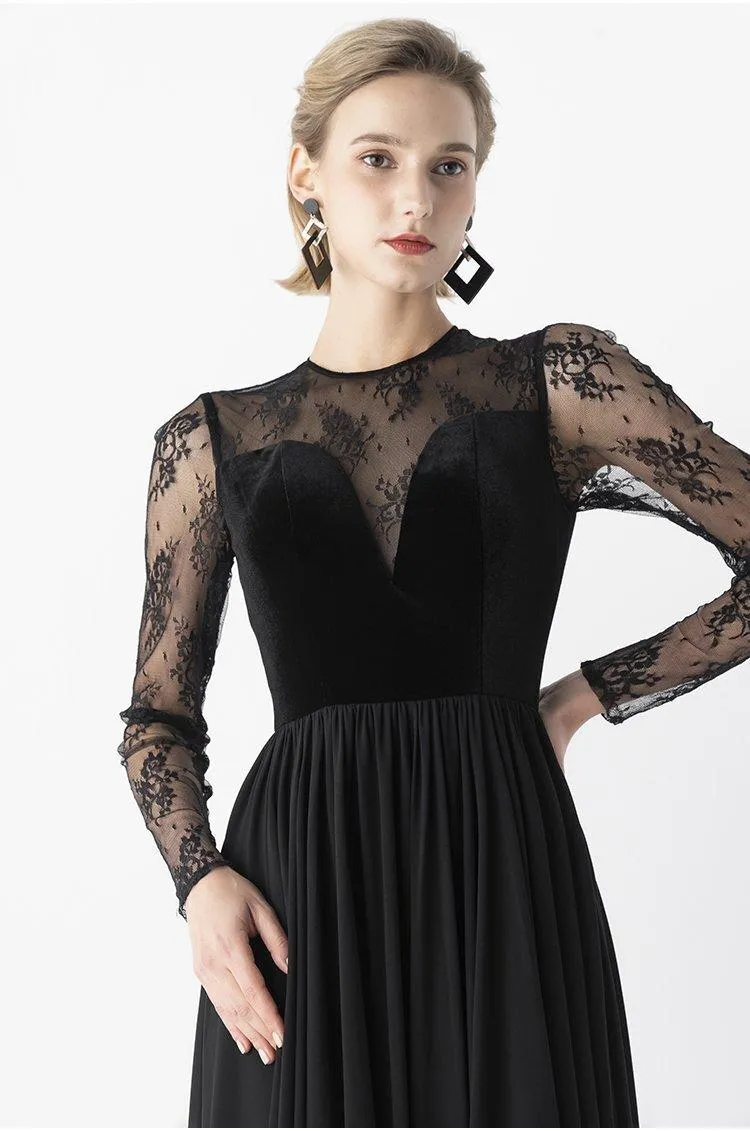 Elegant Retro Velvet Long lace evening black gala dress- Tuiok