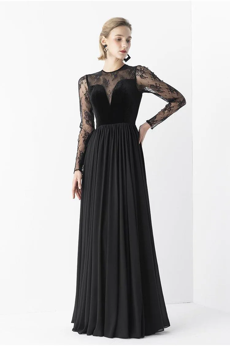 Elegant Retro Velvet Long lace evening black gala dress- Tuiok