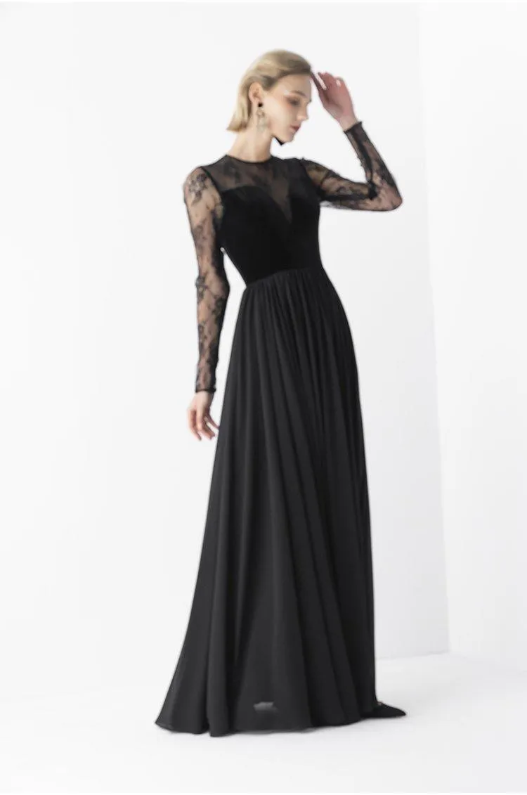 Elegant Retro Velvet Long lace evening black gala dress- Tuiok