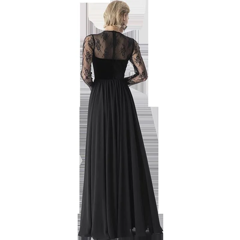 Elegant Retro Velvet Long lace evening black gala dress- Tuiok