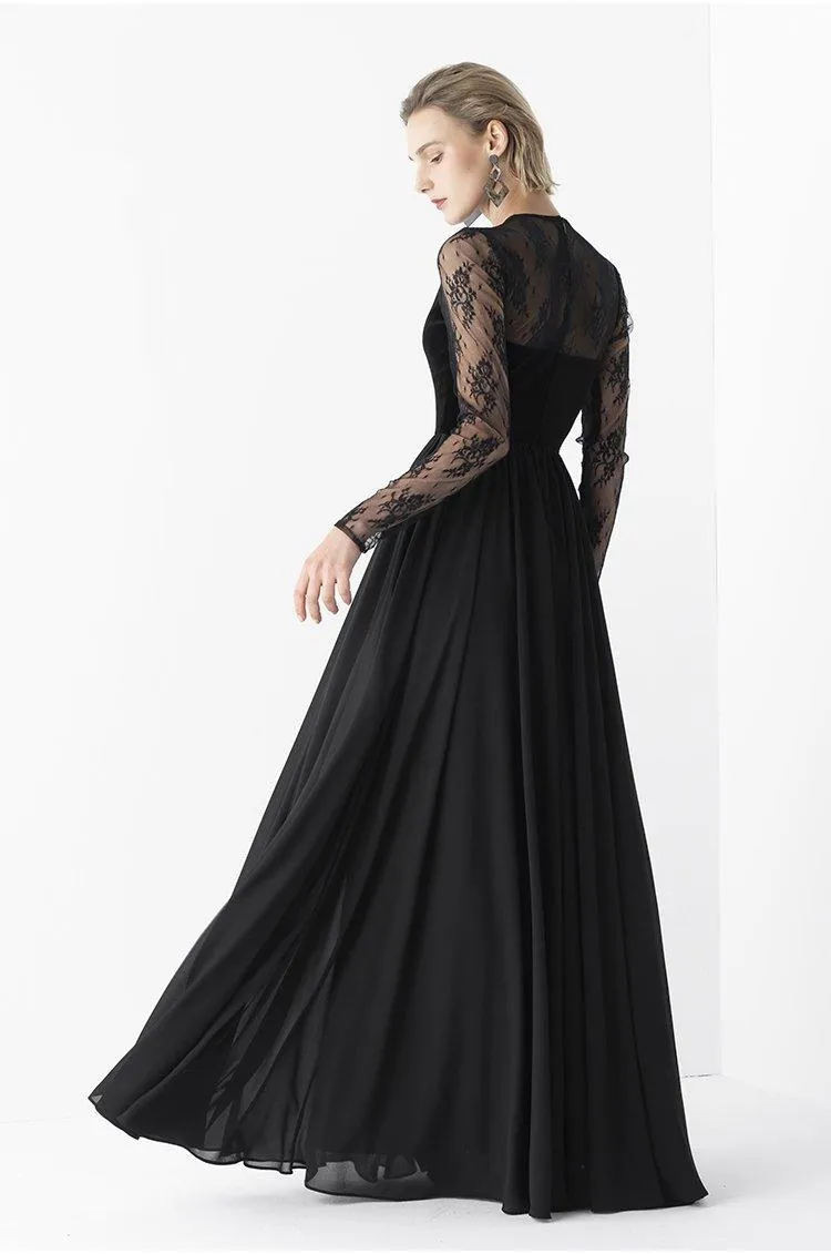 Elegant Retro Velvet Long lace evening black gala dress- Tuiok