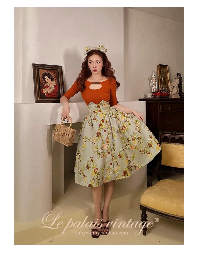 Le Palais Vintage Elegant Retro French Floral Design High Waist Tutu Skirt-Mide