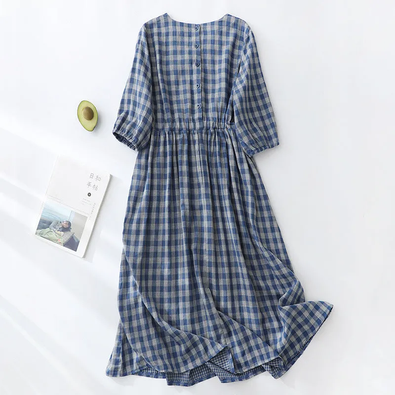 Mori Style Half Sleeve Elegant Cotton And Linen Vintage Artistic Plaid Dress