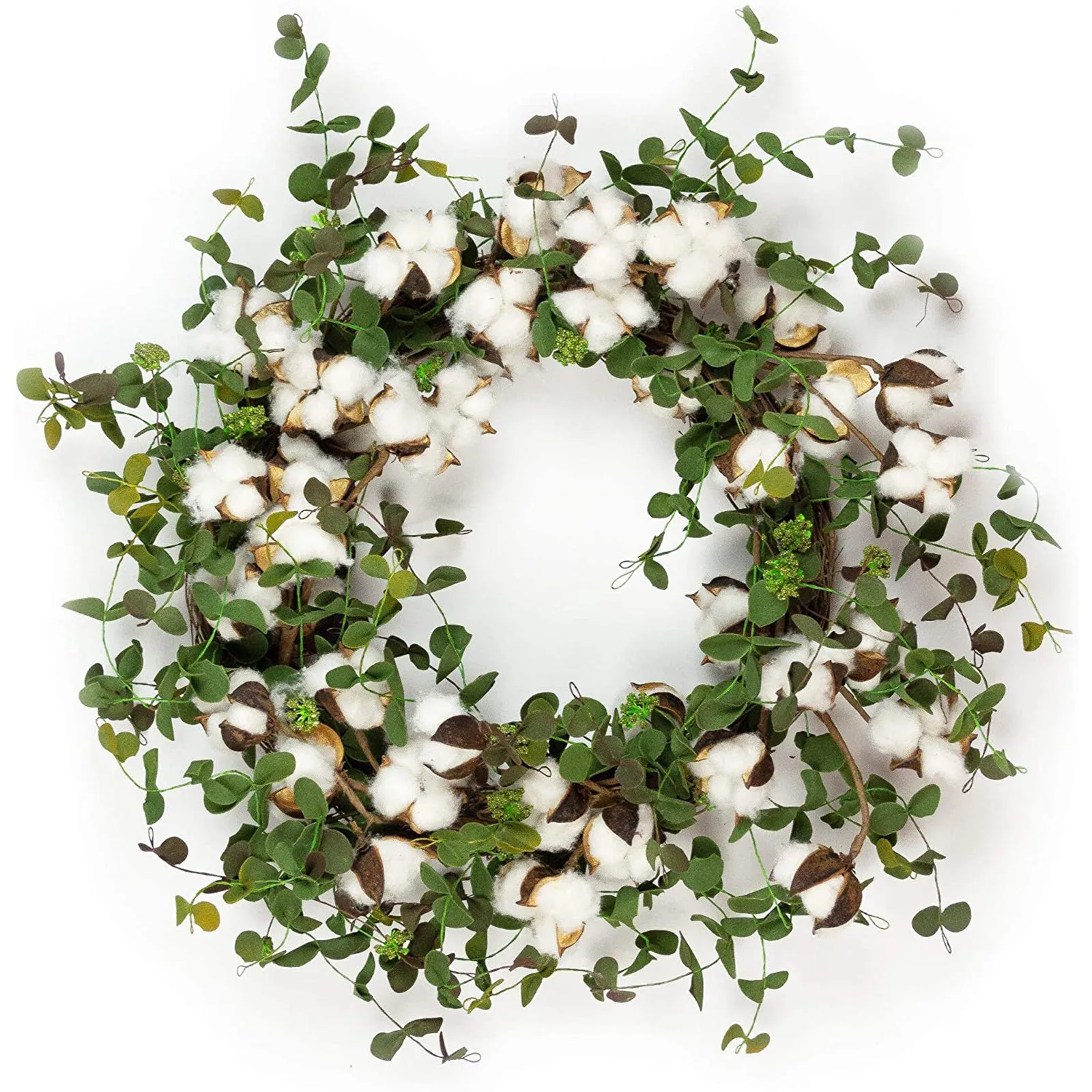 Red Co. Farmhouse Full White Cotton Boll and Eucalyptus Artificial Greenery Wreath - Home Decor for Front Door, 14 Inch