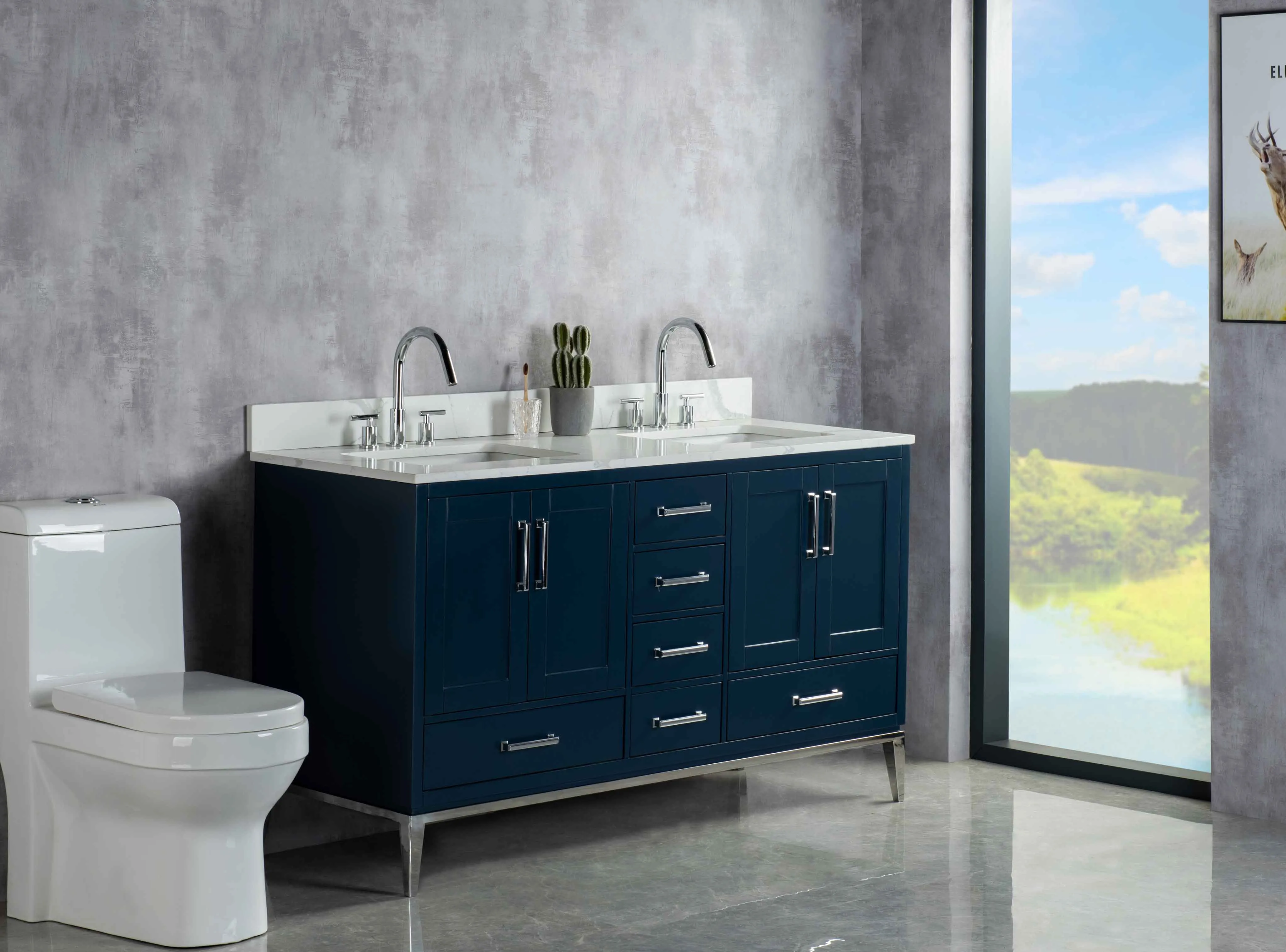 Rubeza 1500mm Anatolia Vanity Unit with Calacatta Quartz Top - Dark Blue & Chrome