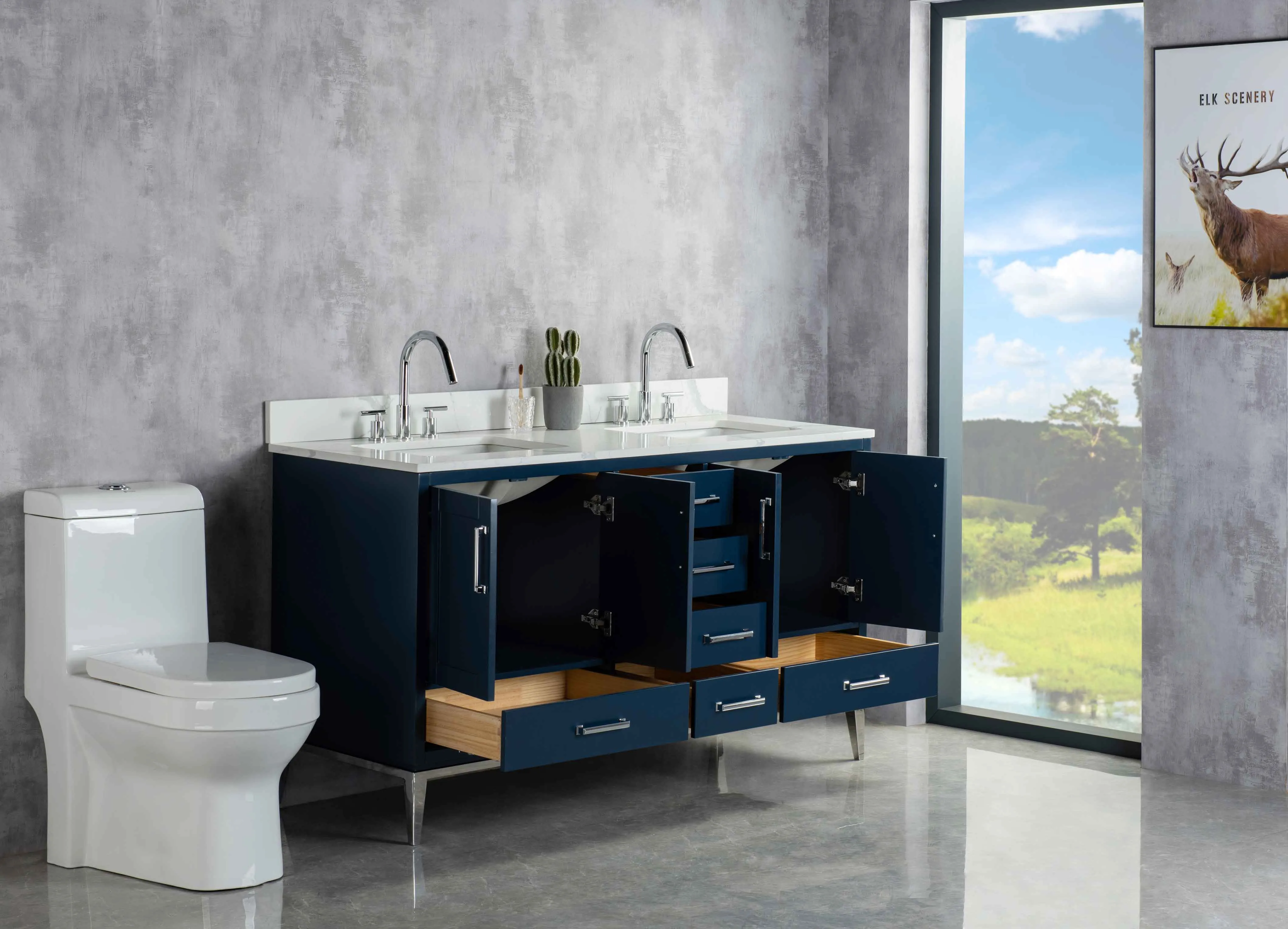 Rubeza 1500mm Anatolia Vanity Unit with Calacatta Quartz Top - Dark Blue & Chrome