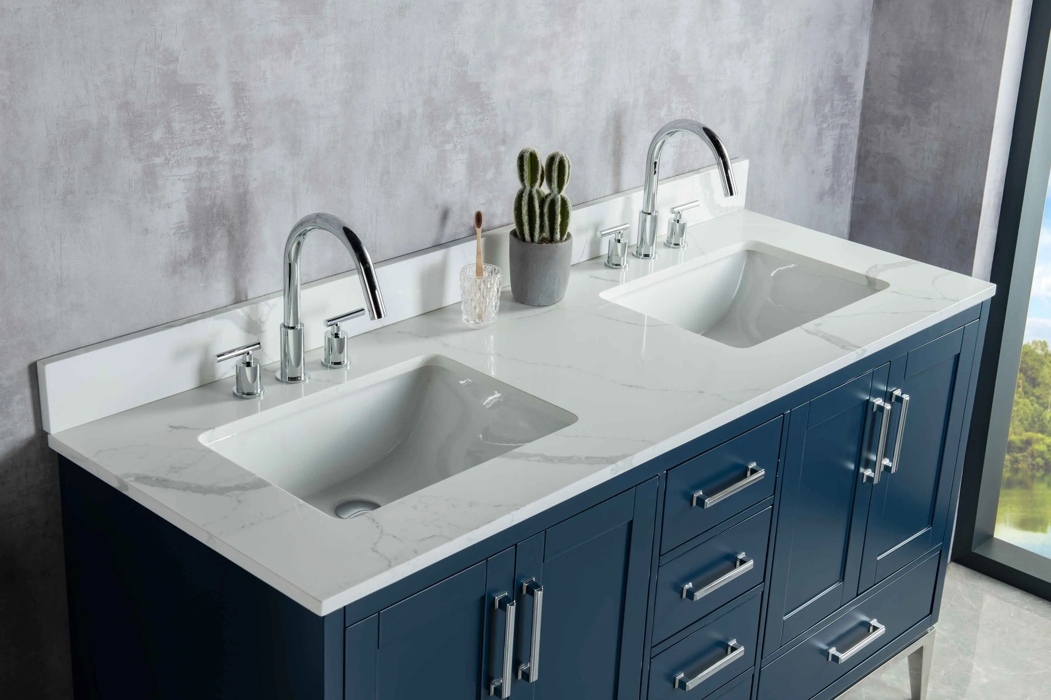 Rubeza 1500mm Anatolia Vanity Unit with Calacatta Quartz Top - Dark Blue & Chrome