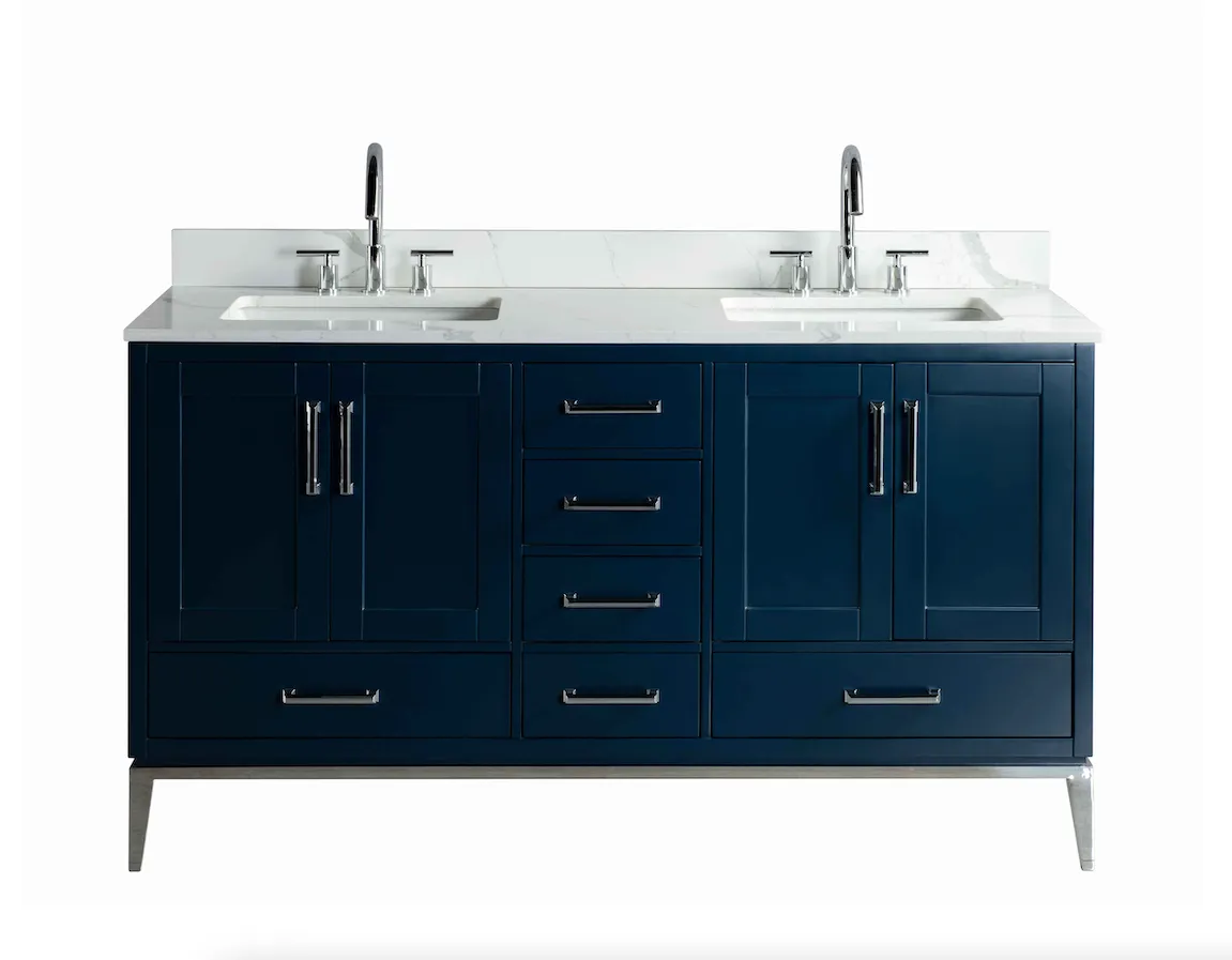 Rubeza 1500mm Anatolia Vanity Unit with Calacatta Quartz Top - Dark Blue & Chrome