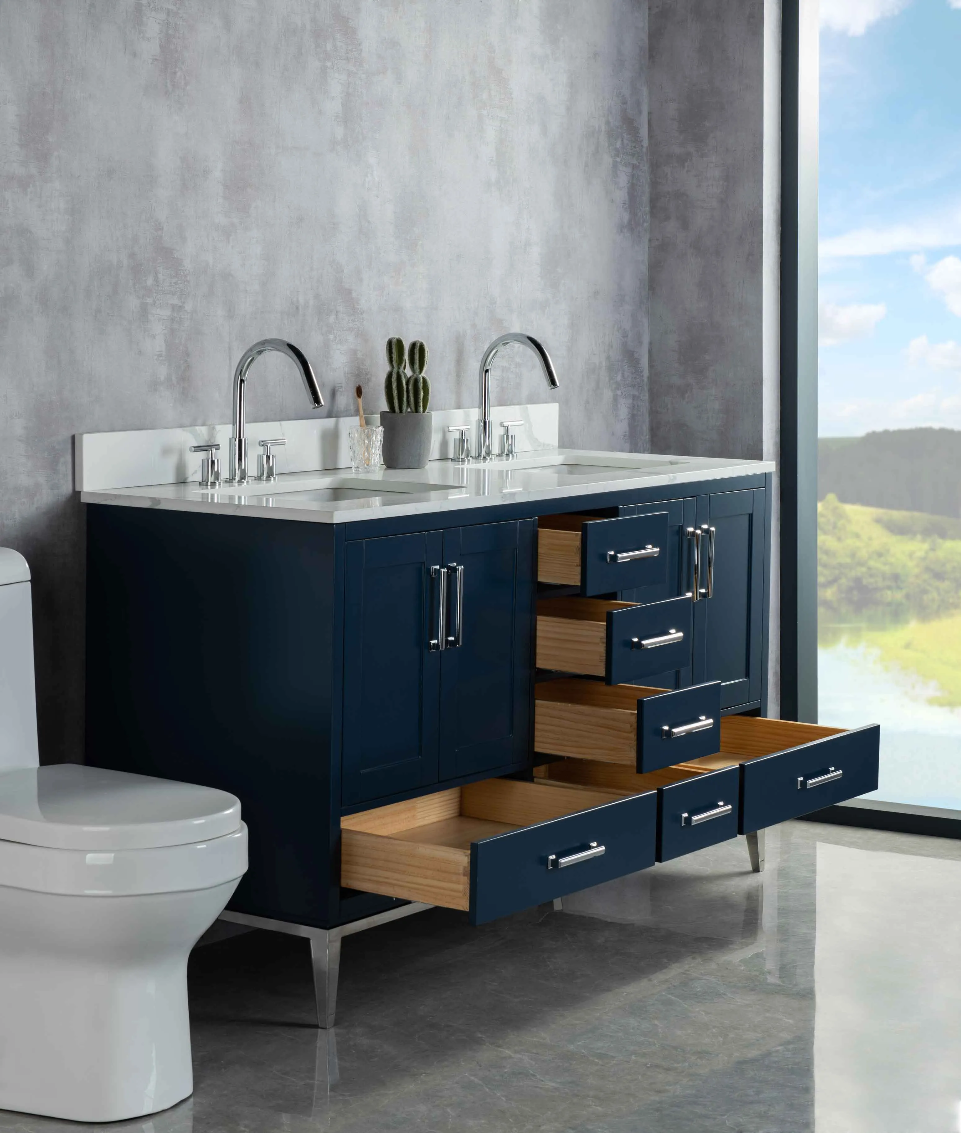 Rubeza 1500mm Anatolia Vanity Unit with Calacatta Quartz Top - Dark Blue & Chrome