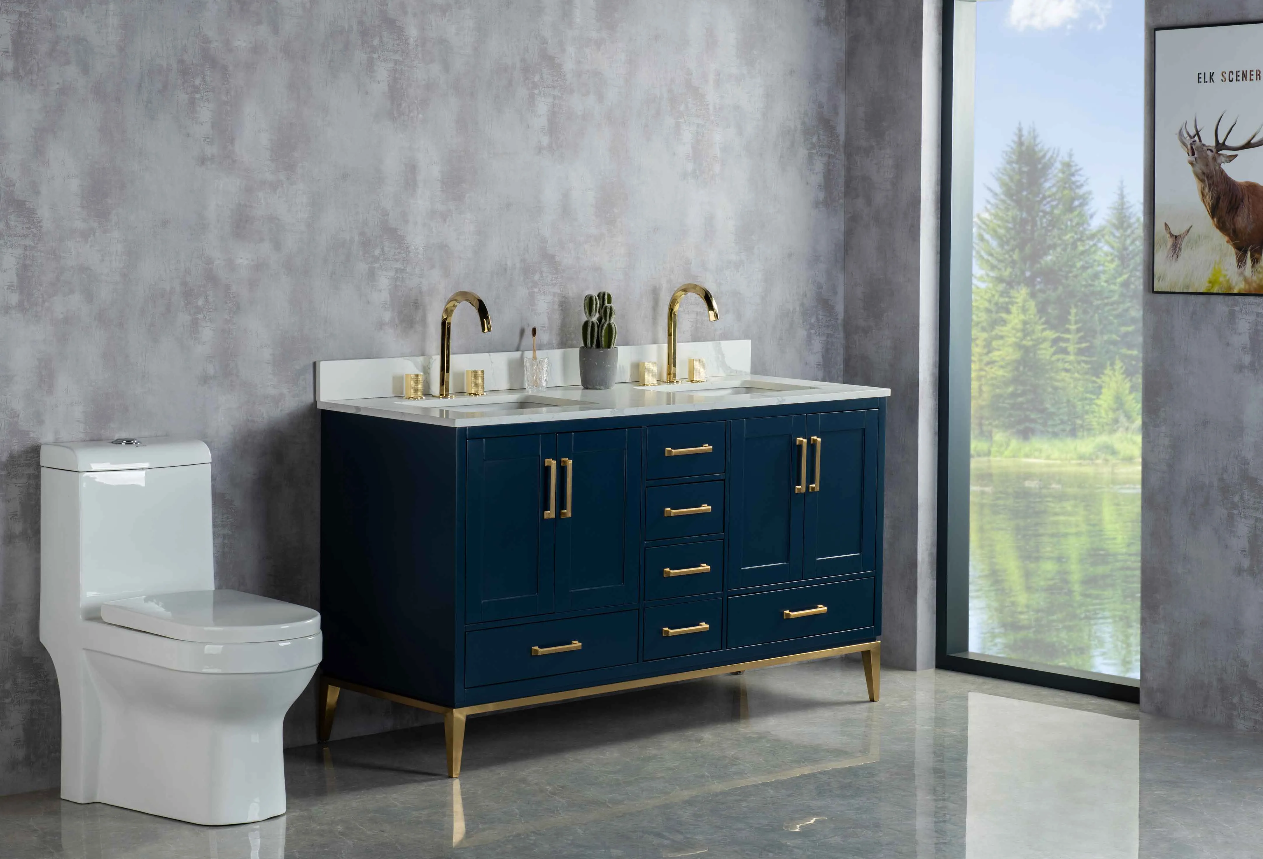 Rubeza 1500mm Anatolia Vanity Unit with Calacatta Quartz  Top - Dark Blue & Gold