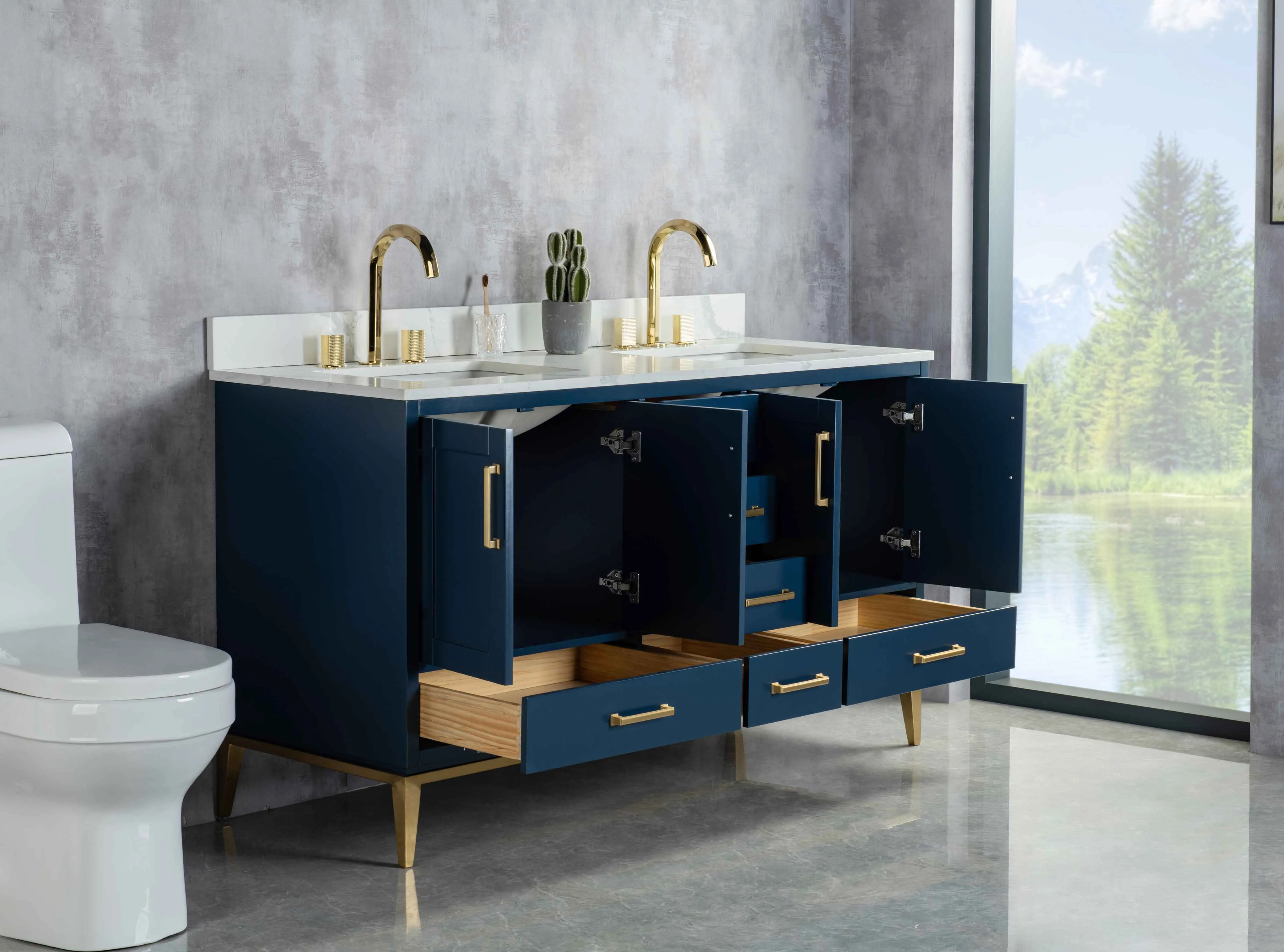 Rubeza 1500mm Anatolia Vanity Unit with Calacatta Quartz  Top - Dark Blue & Gold