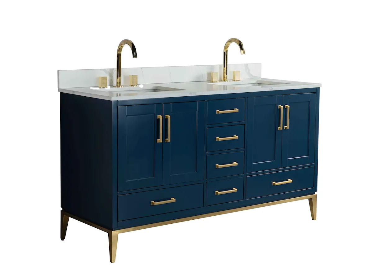 Rubeza 1500mm Anatolia Vanity Unit with Calacatta Quartz  Top - Dark Blue & Gold