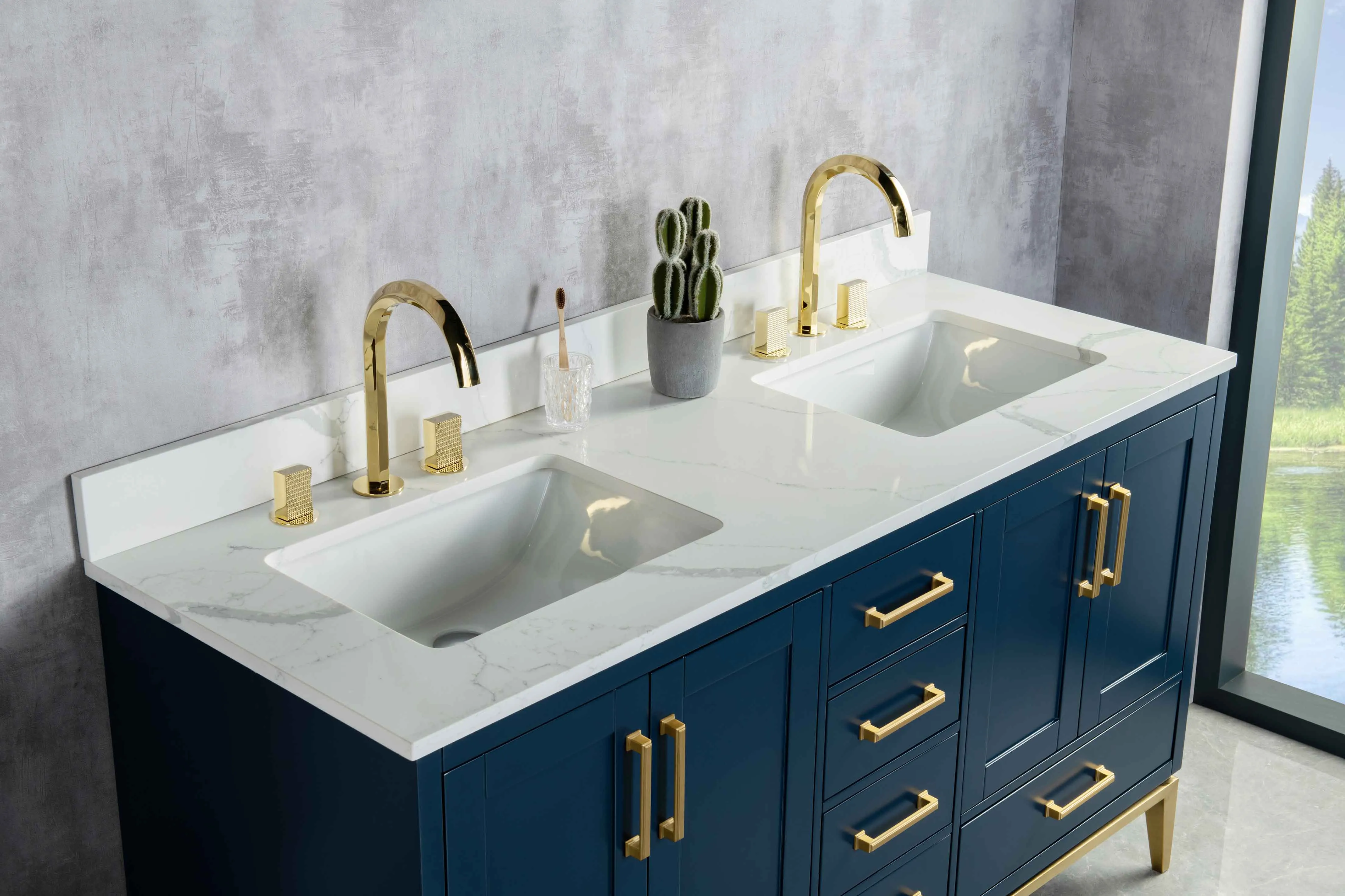 Rubeza 1500mm Anatolia Vanity Unit with Calacatta Quartz  Top - Dark Blue & Gold