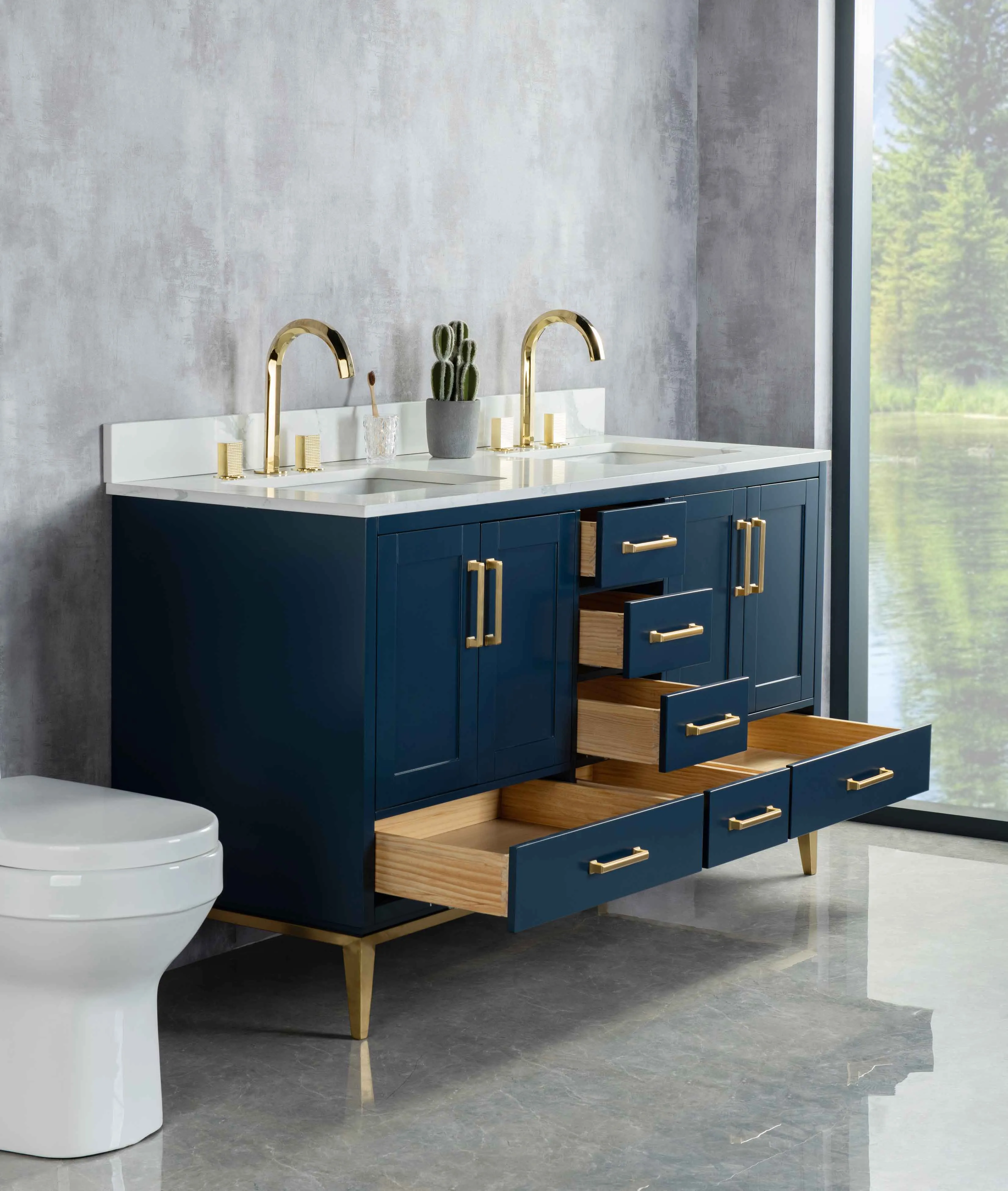 Rubeza 1500mm Anatolia Vanity Unit with Calacatta Quartz  Top - Dark Blue & Gold