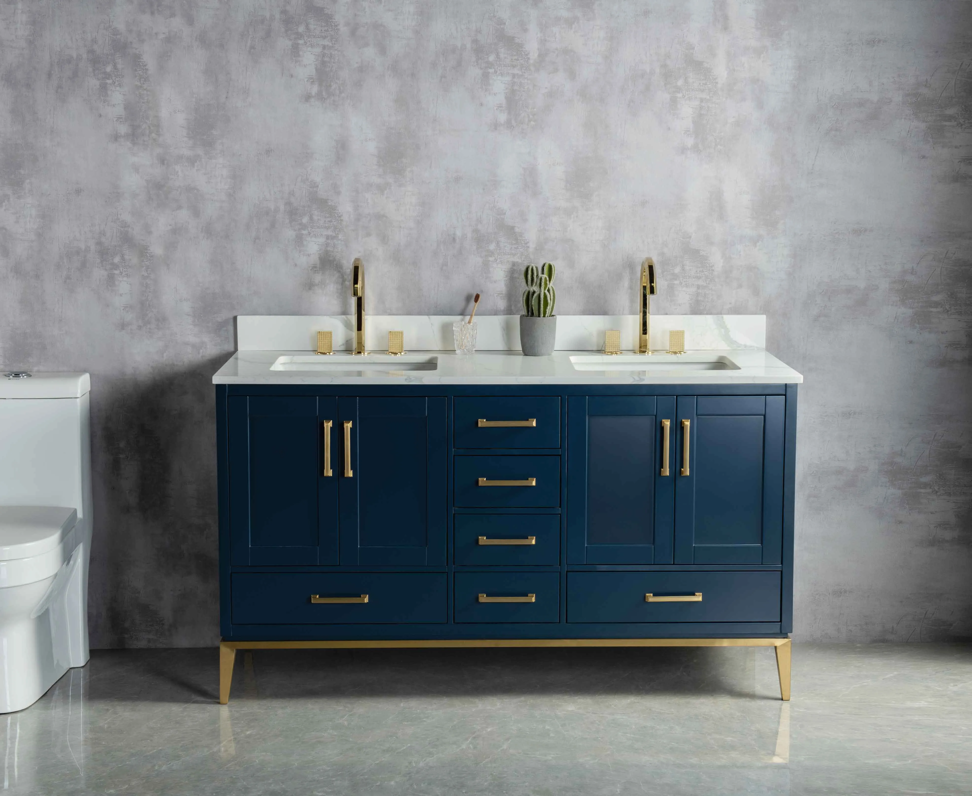 Rubeza 1500mm Anatolia Vanity Unit with Calacatta Quartz  Top - Dark Blue & Gold