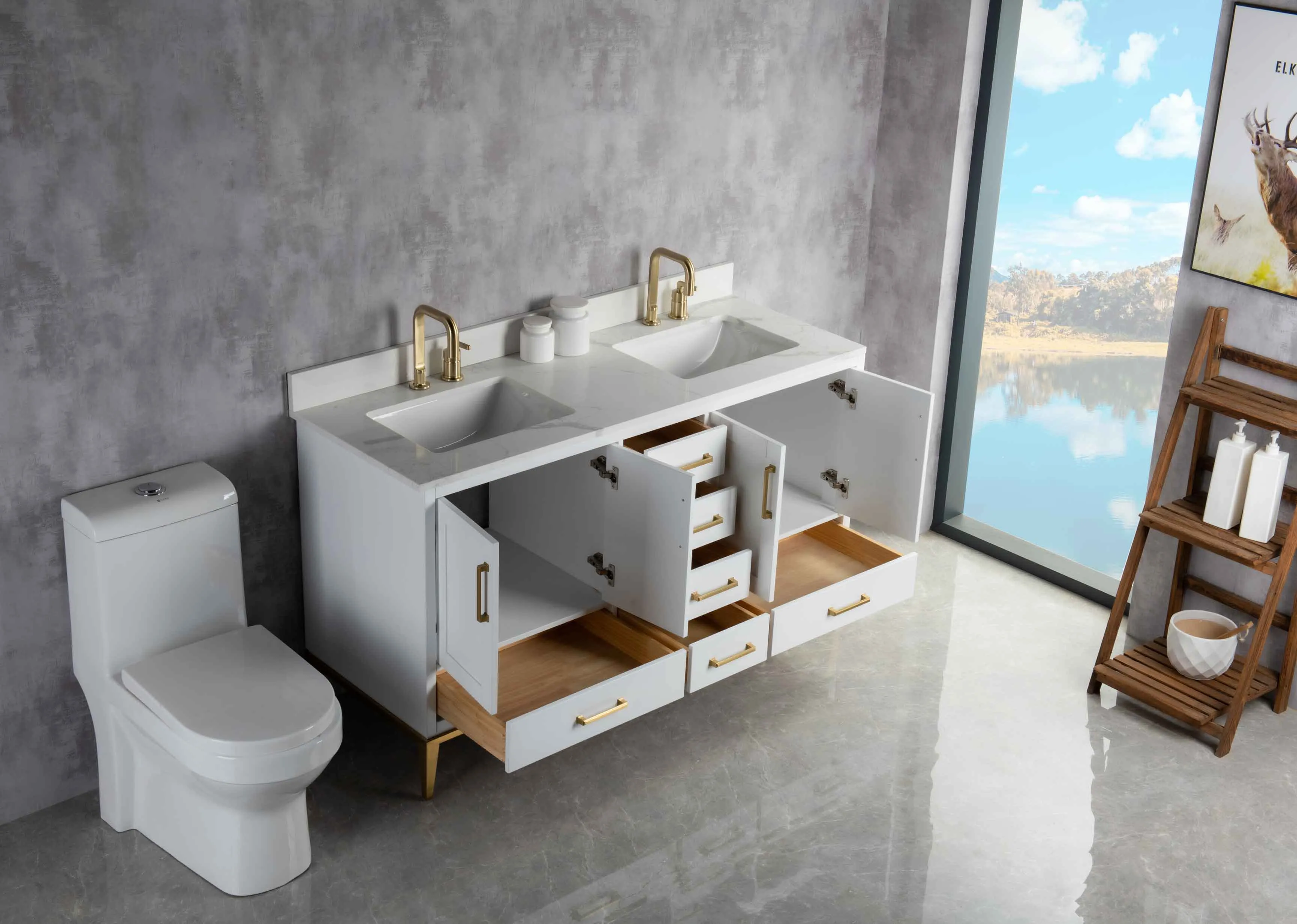 Rubeza 1500mm Anatolia Vanity Unit with Calacatta Quartz Top - White & Gold