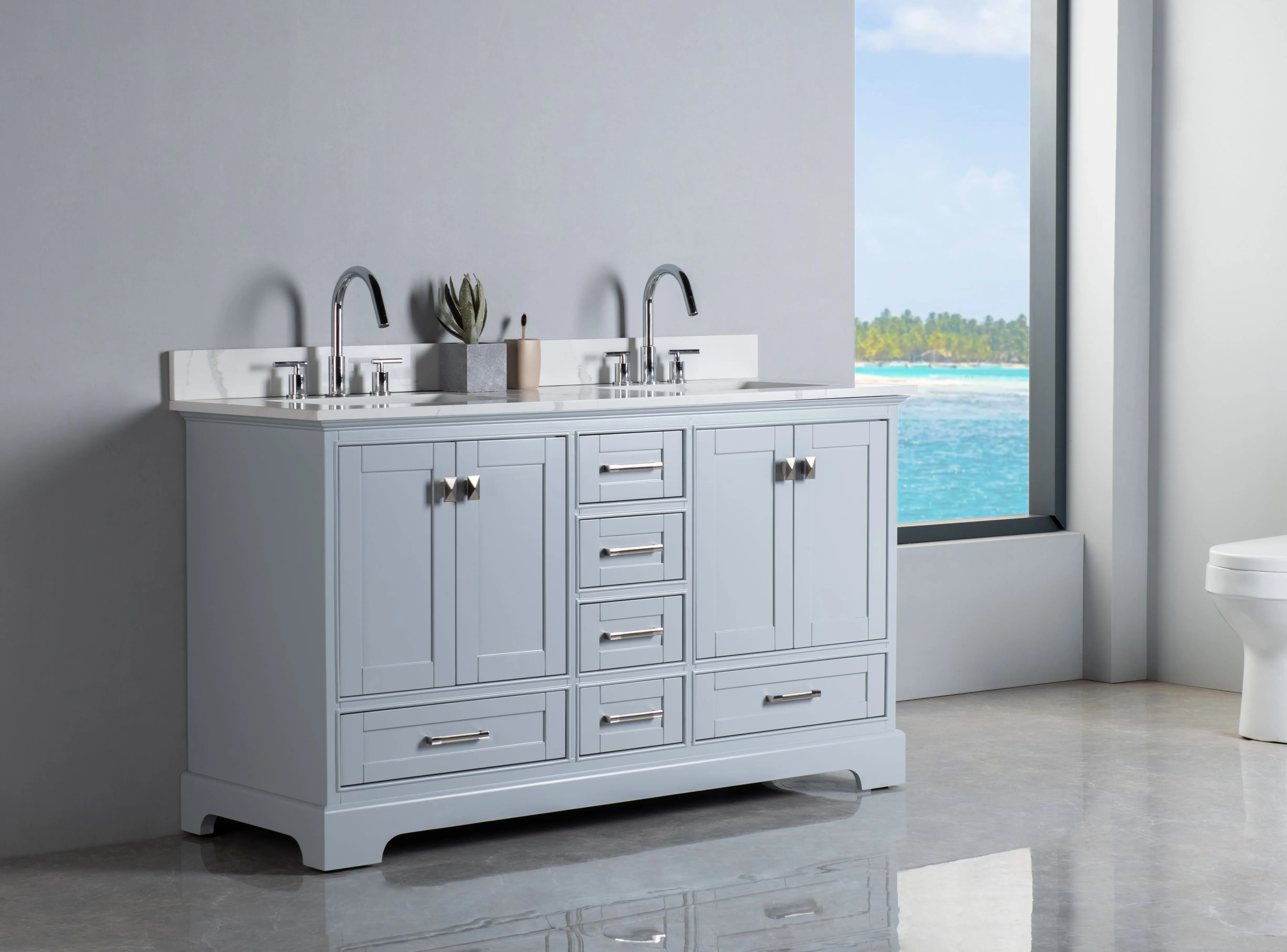 Rubeza 1500mm Charleston Vanity Unit with Calacatta Quartz Top - Light Grey & Chrome