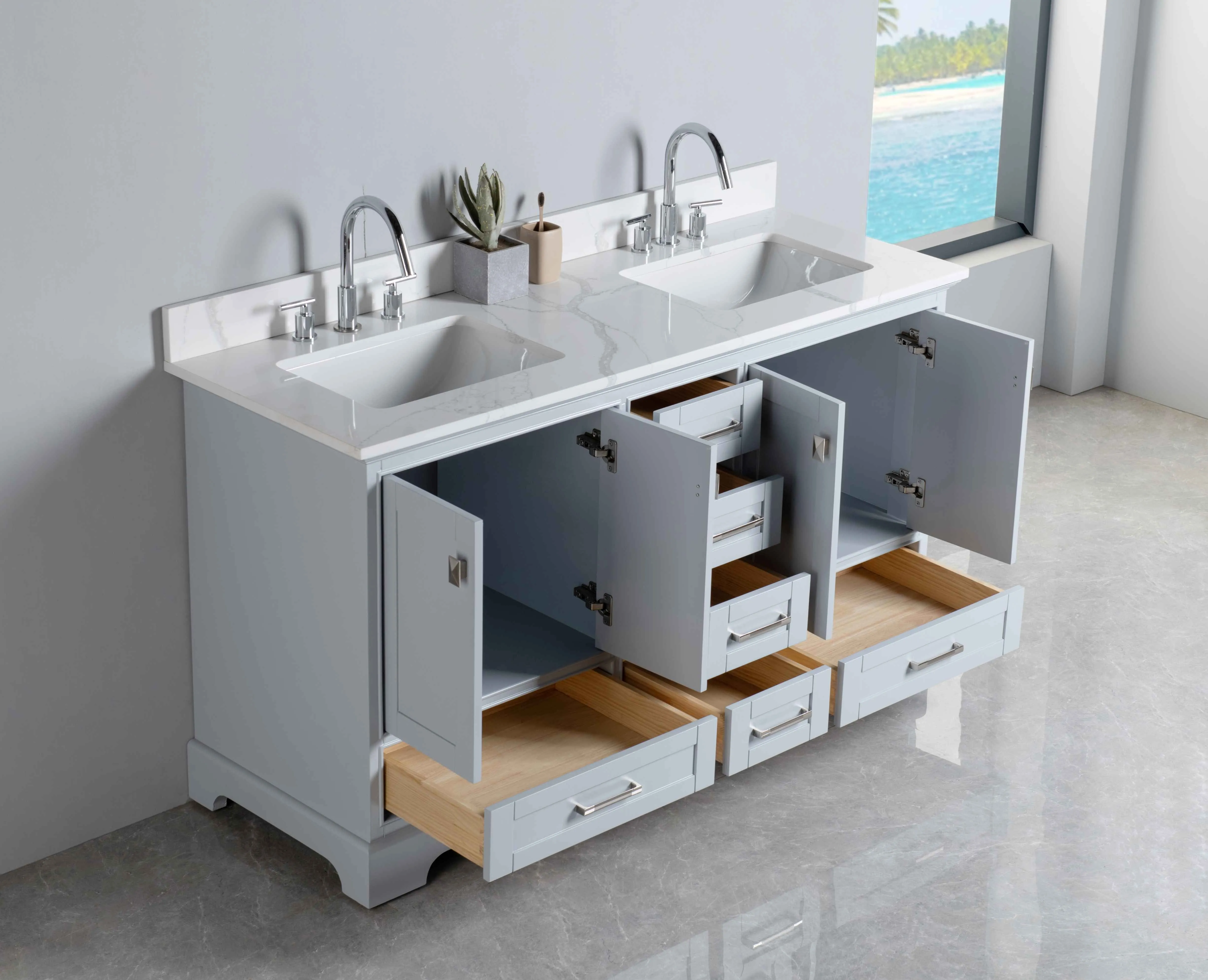 Rubeza 1500mm Charleston Vanity Unit with Calacatta Quartz Top - Light Grey & Chrome